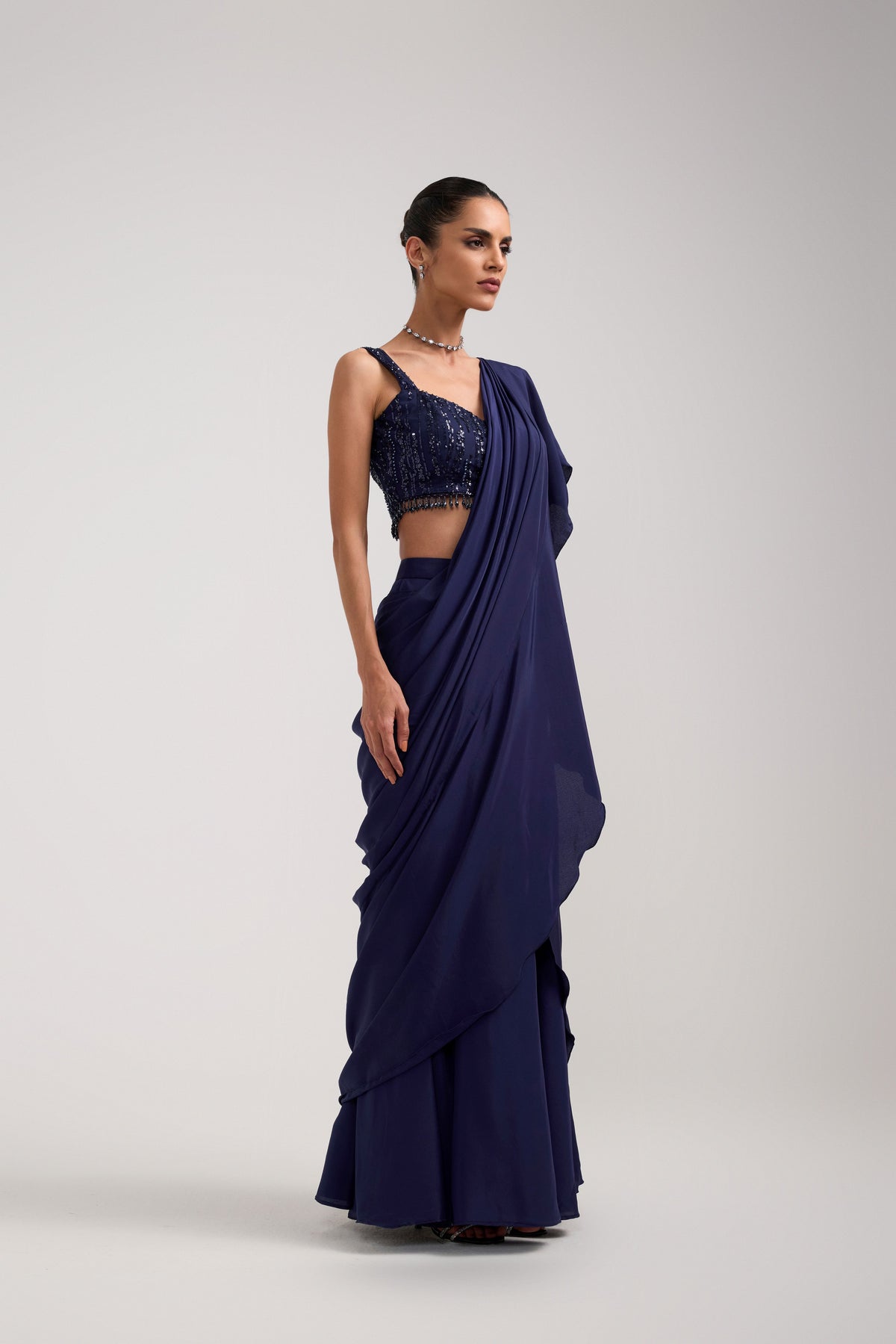 NAVY SEQUIN RUFFLE SAREE SET