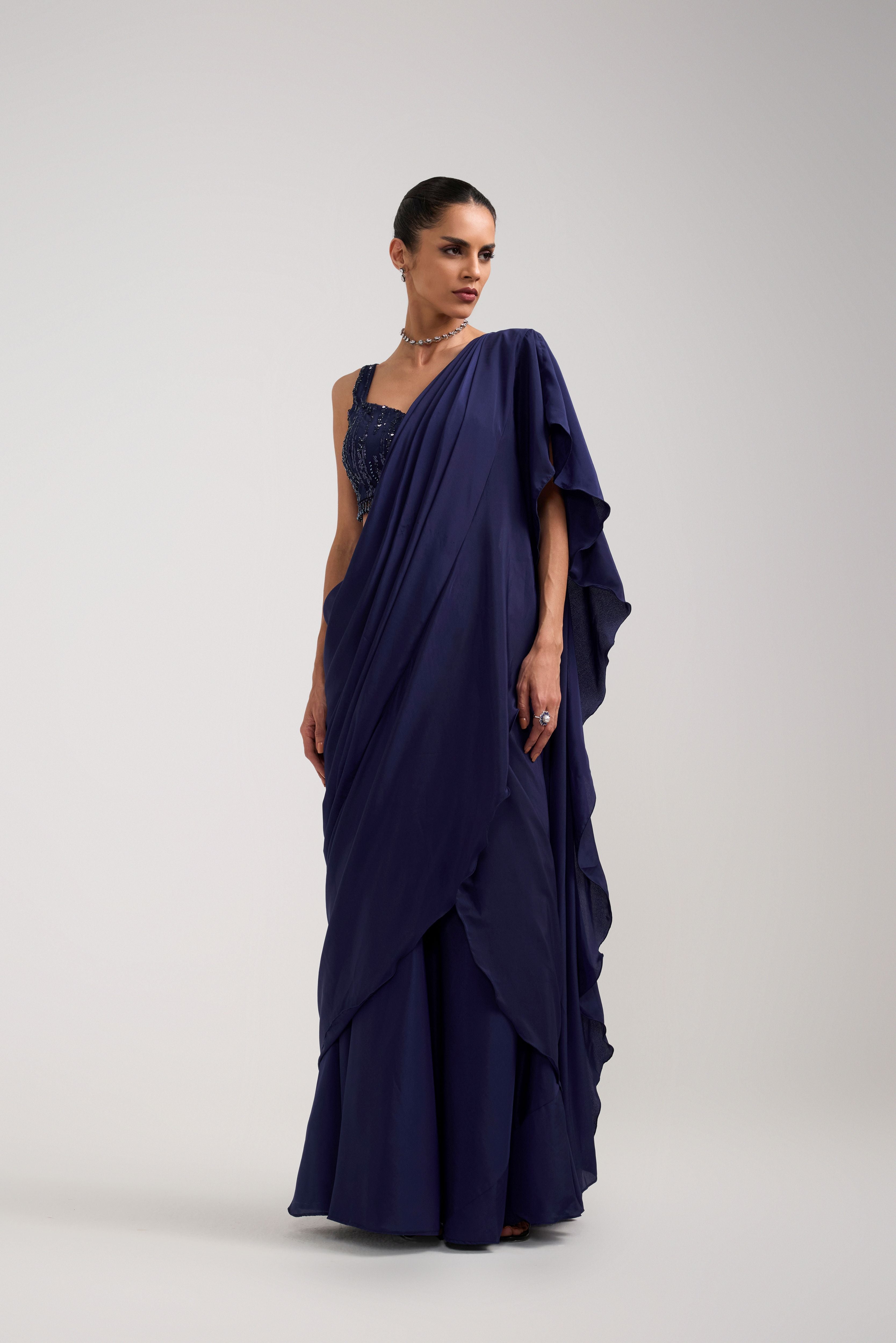 NAVY SEQUIN RUFFLE SAREE SET