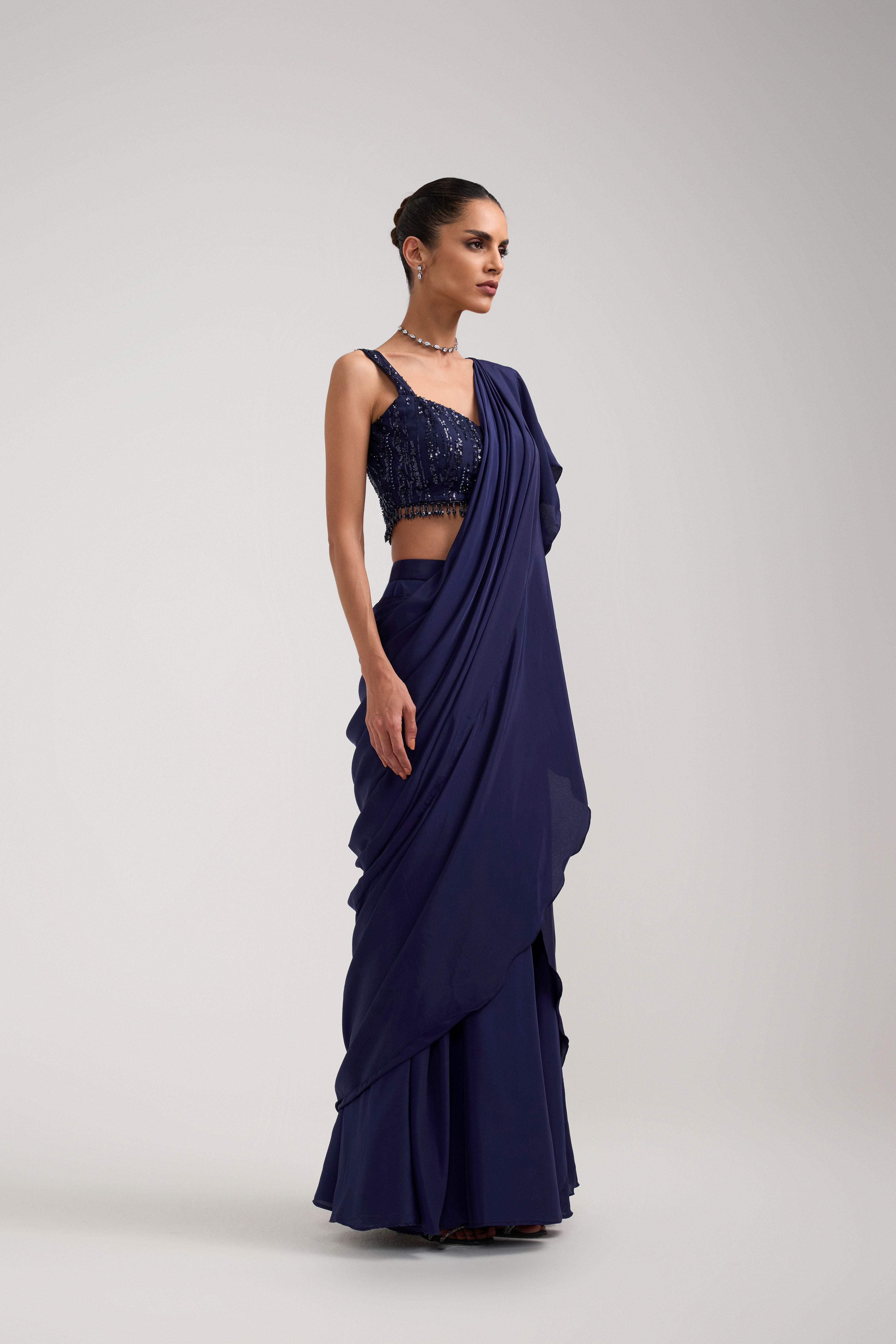 NAVY SEQUIN RUFFLE SAREE SET
