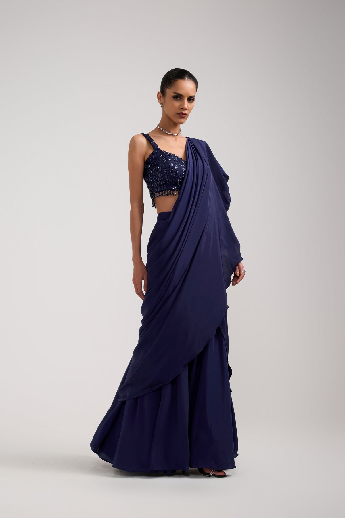 NAVY SEQUIN RUFFLE SAREE SET