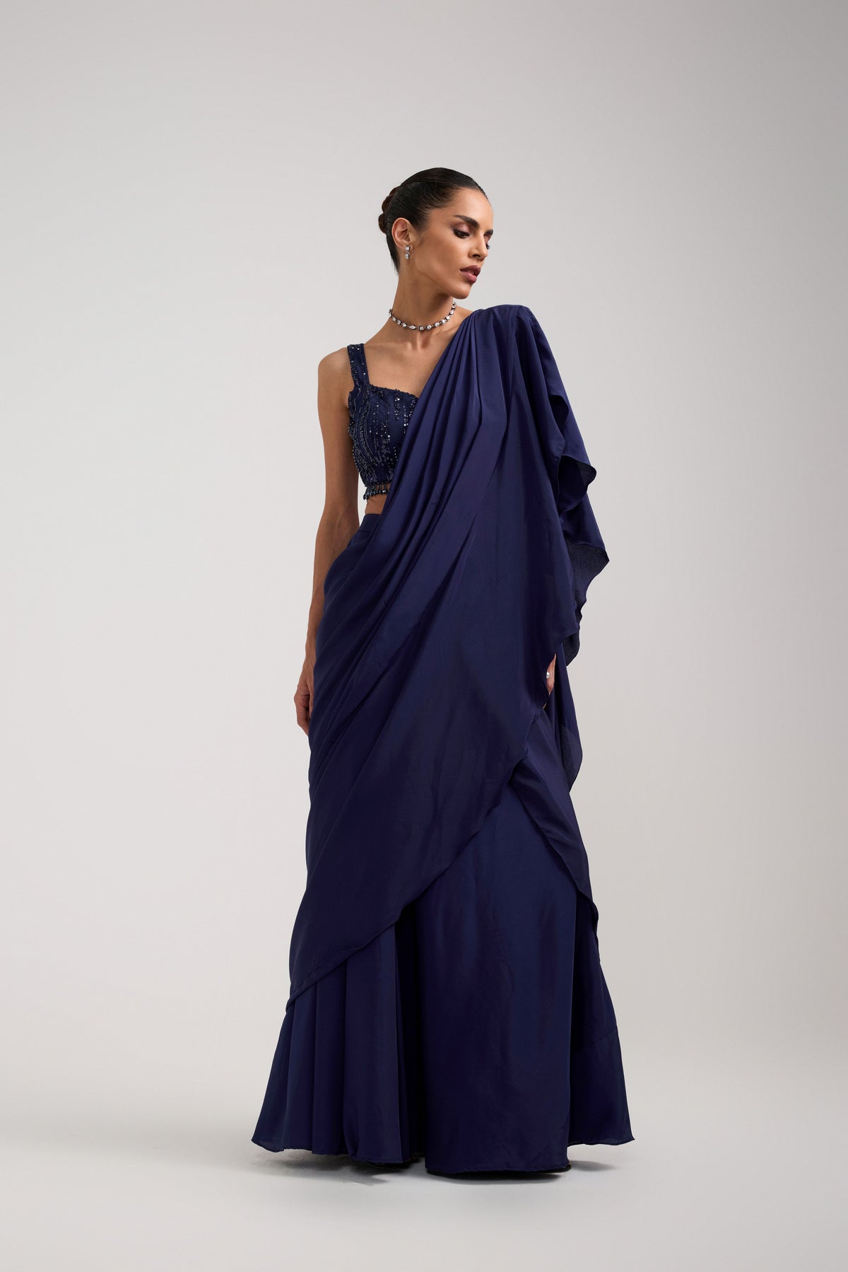 NAVY SEQUIN RUFFLE SAREE SET