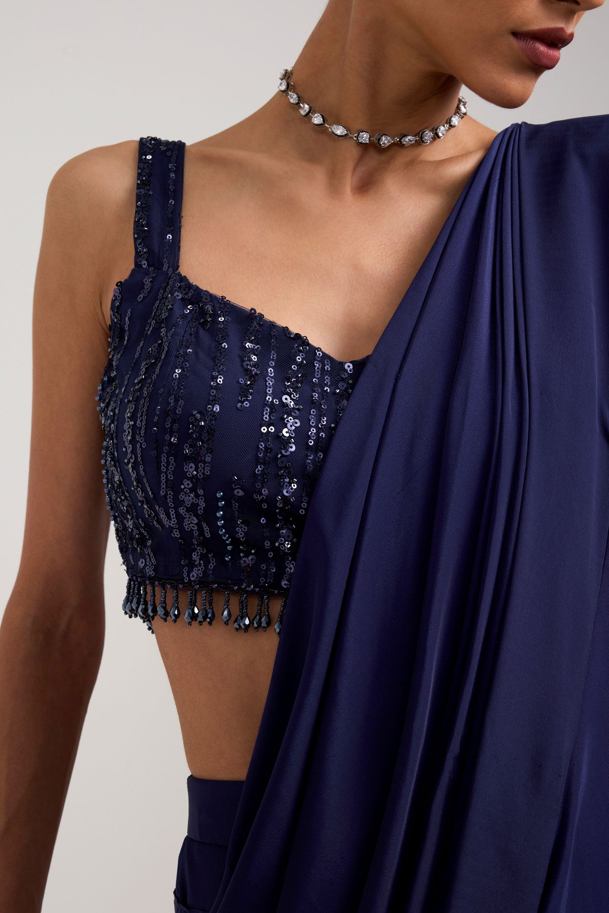 NAVY SEQUIN RUFFLE SAREE SET