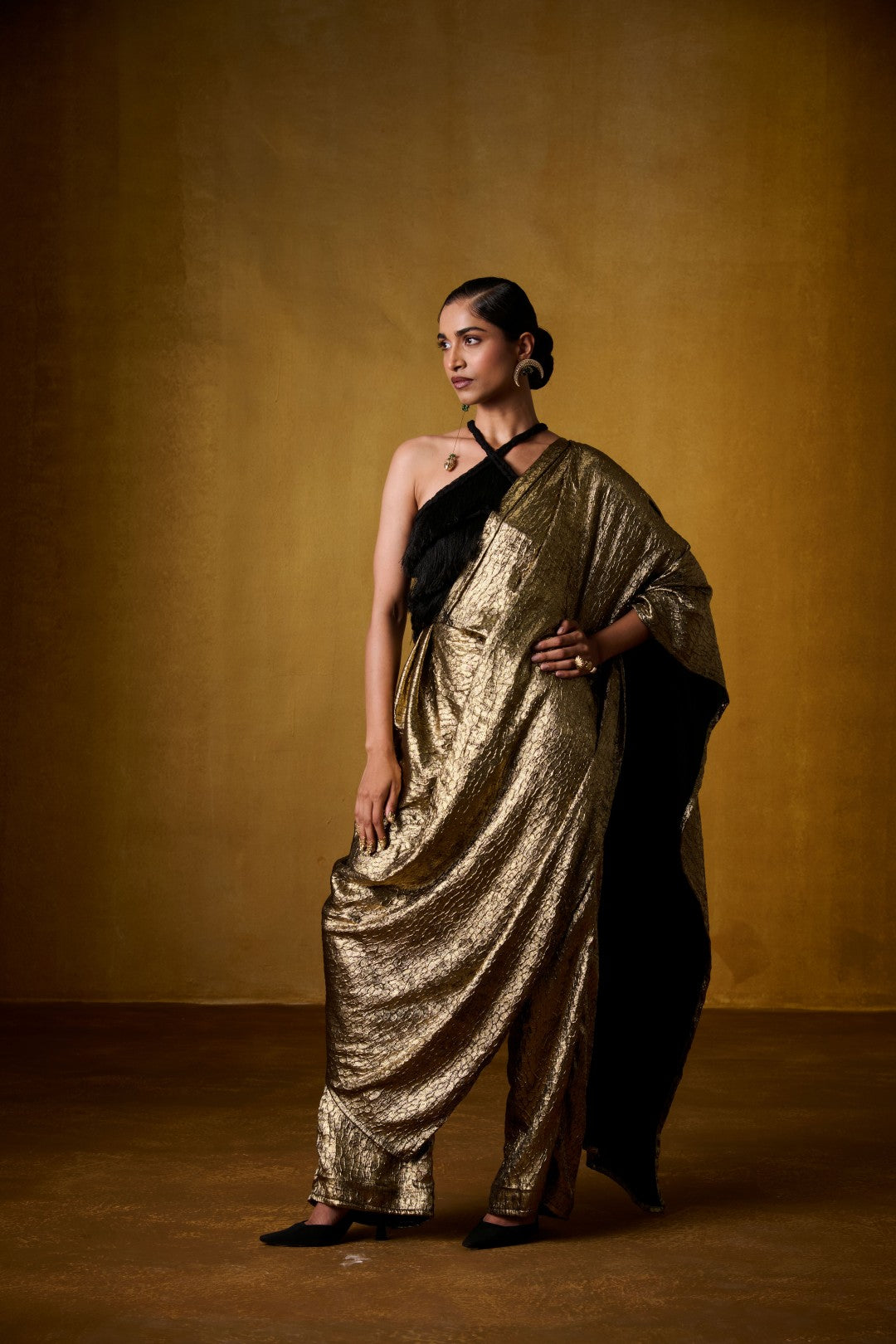 BLACK FRINGE BLOUSE WITH GOLDEN PANT SAREE