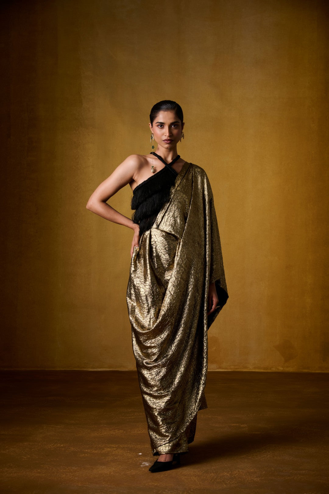 BLACK FRINGE BLOUSE WITH GOLDEN PANT SAREE
