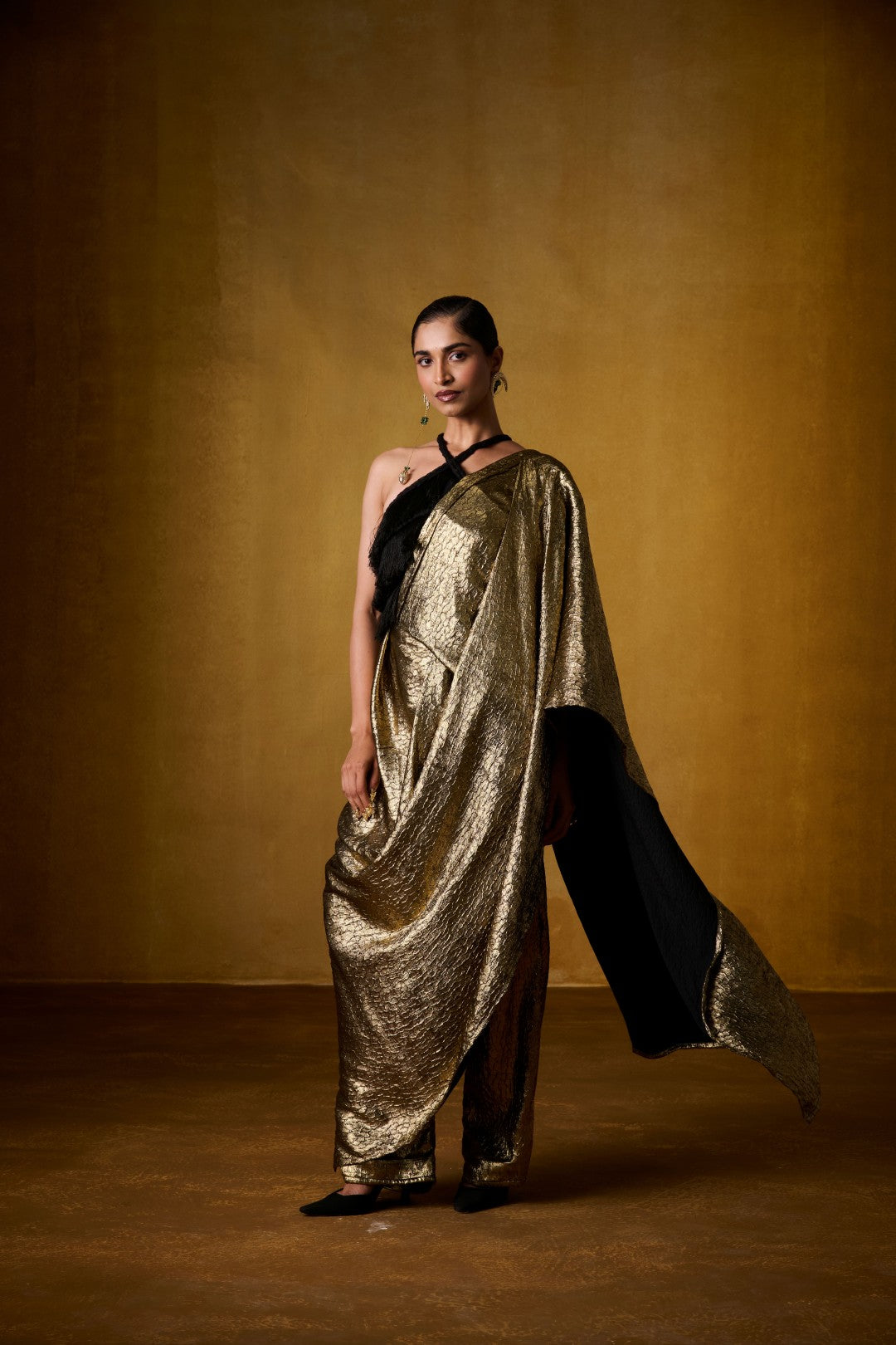 BLACK FRINGE BLOUSE WITH GOLDEN PANT SAREE