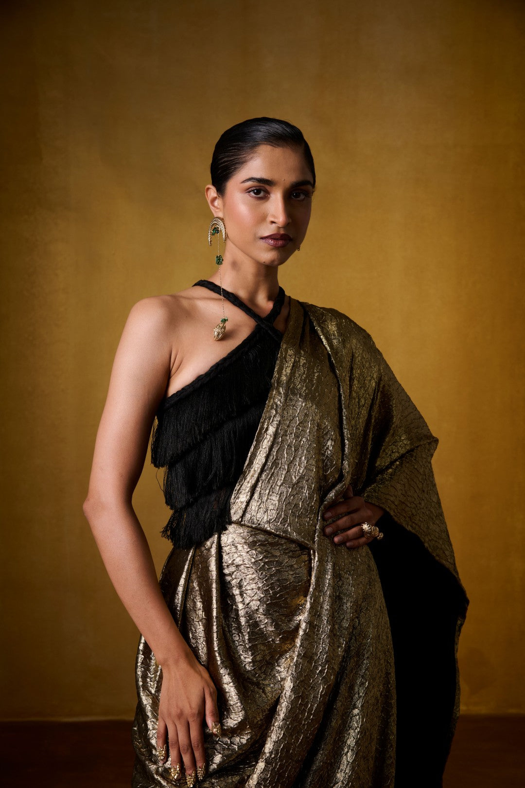 BLACK FRINGE BLOUSE WITH GOLDEN PANT SAREE
