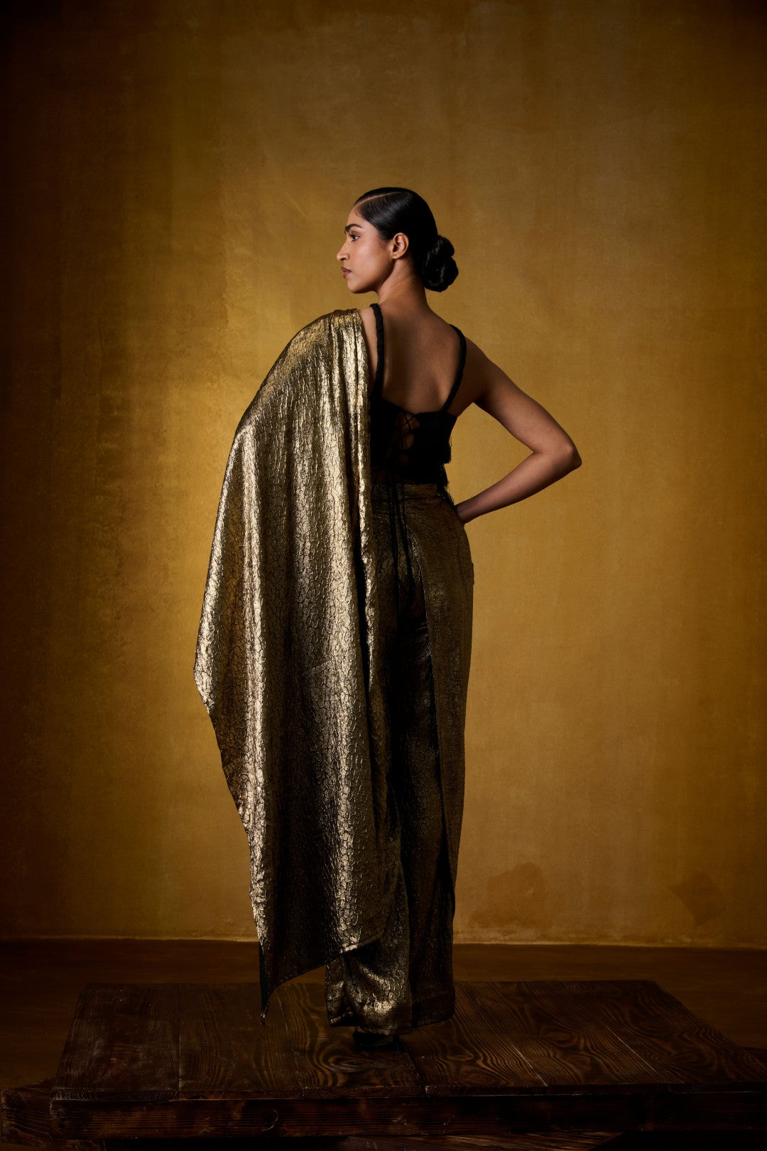 BLACK FRINGE BLOUSE WITH GOLDEN PANT SAREE
