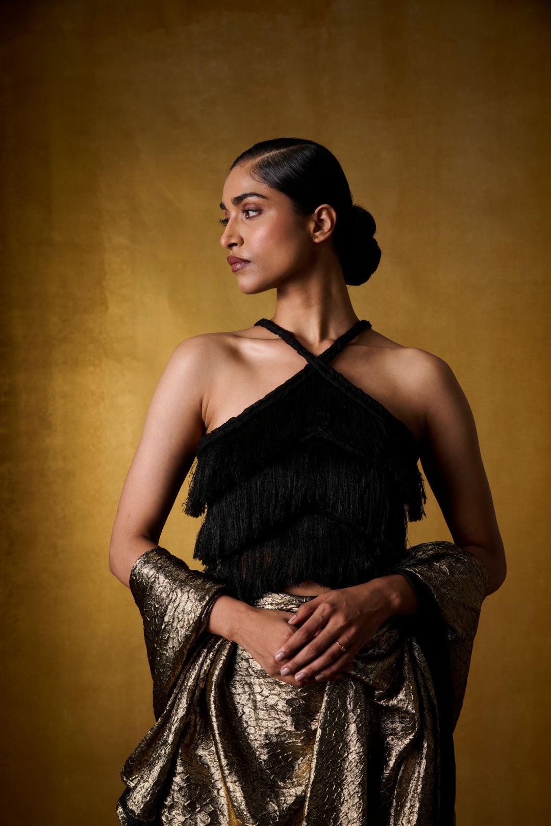 BLACK FRINGE BLOUSE WITH GOLDEN PANT SAREE