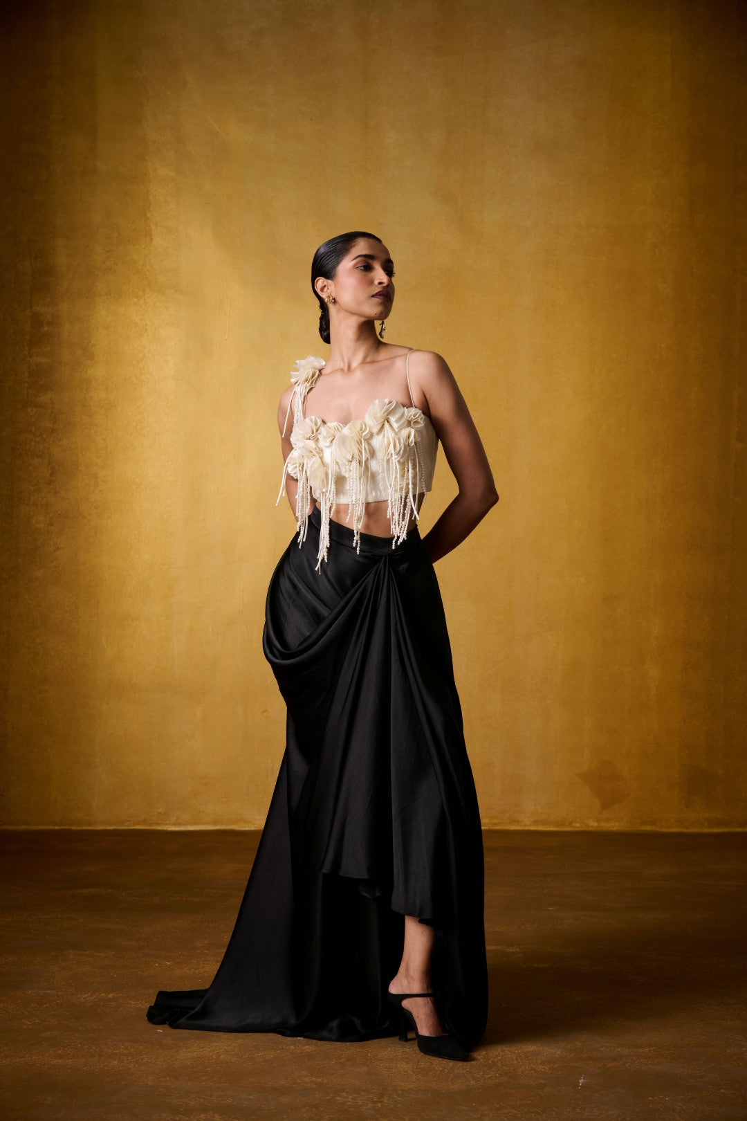 IVORY EMBELLISHED TOP WITH DRAPED SKIRT