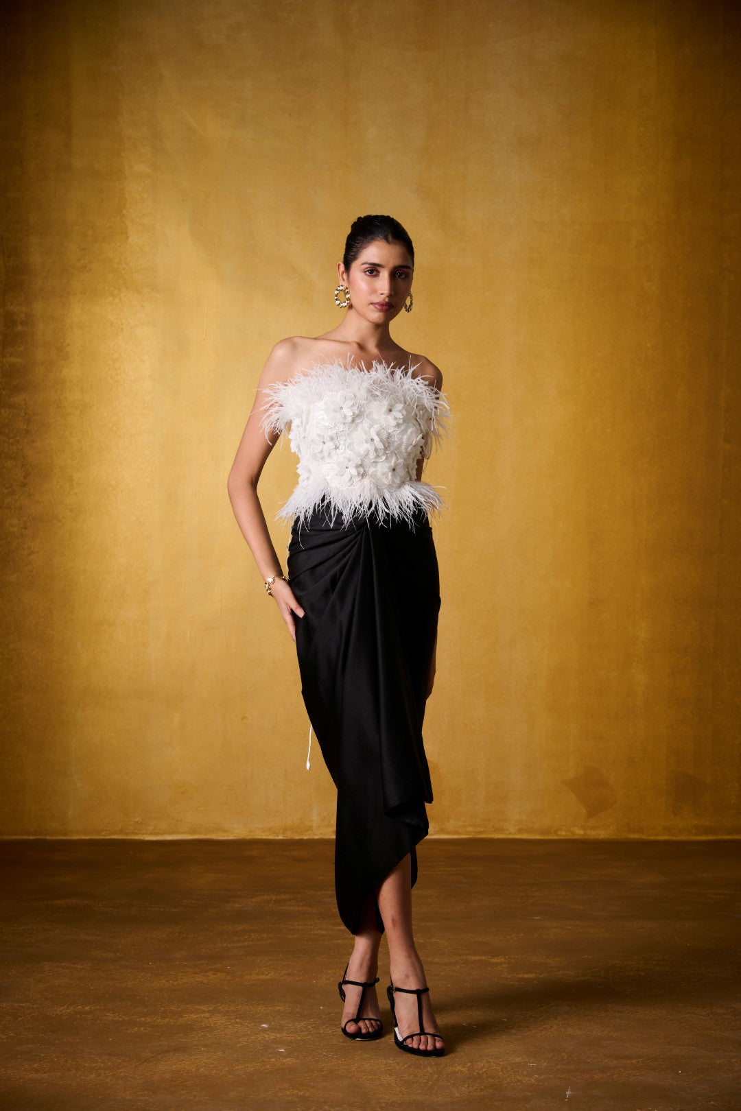IVORY FEATHER TOP WITH KNOTTED SKIRT