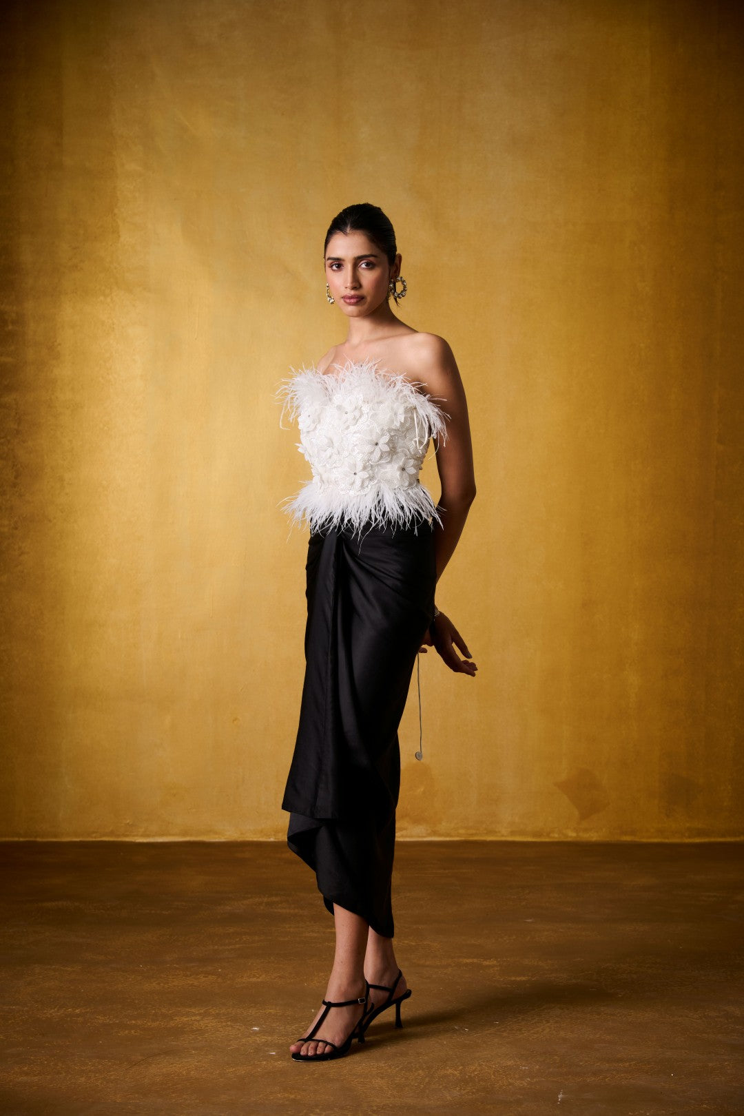 IVORY FEATHER TOP WITH KNOTTED SKIRT