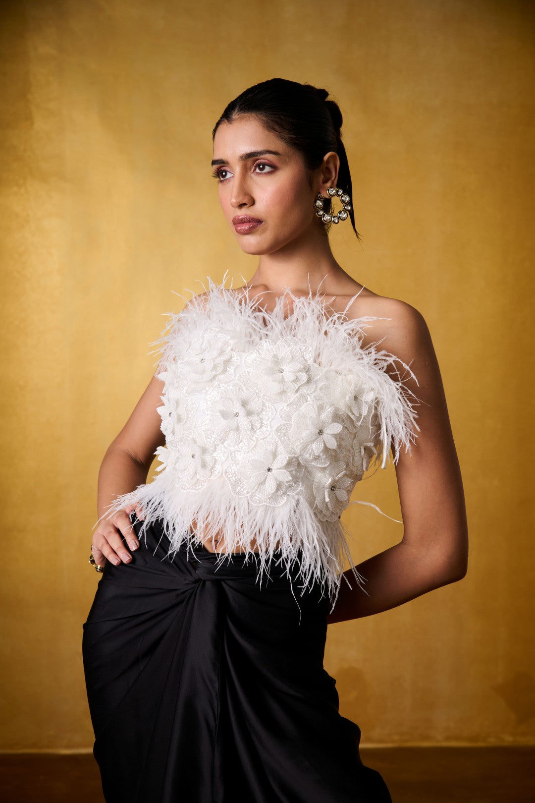IVORY FEATHER TOP WITH KNOTTED SKIRT