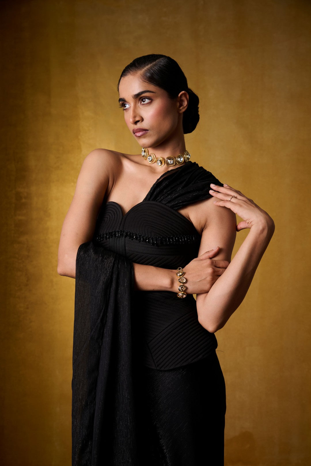 BLACK QUILTED CORSET SAREE