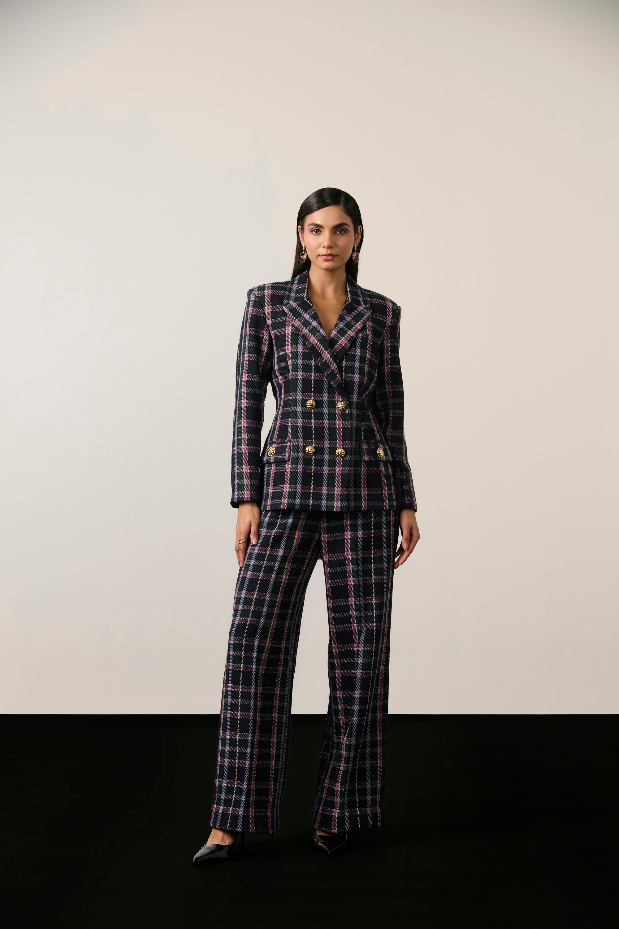 NAVY CHECKERED BLAZER SET