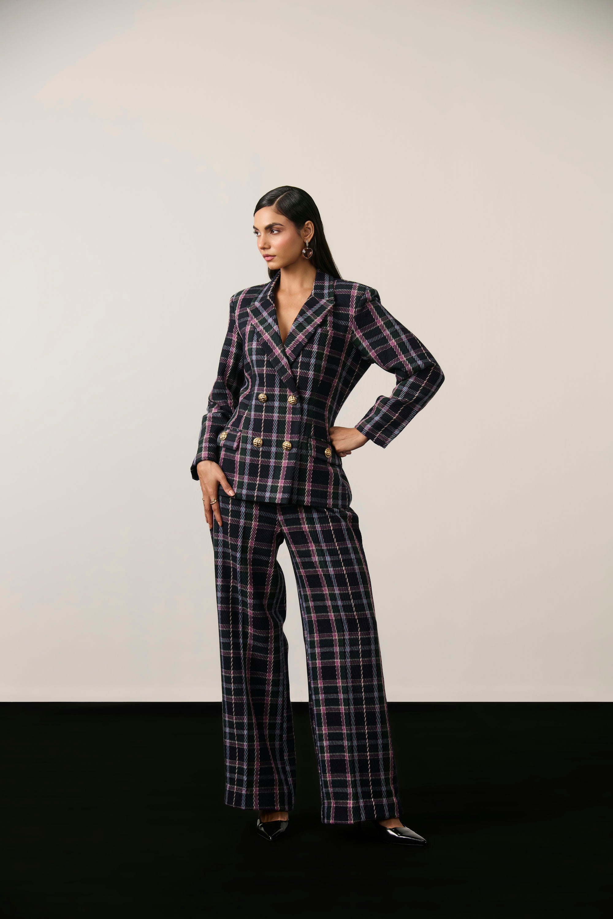 NAVY CHECKERED BLAZER SET