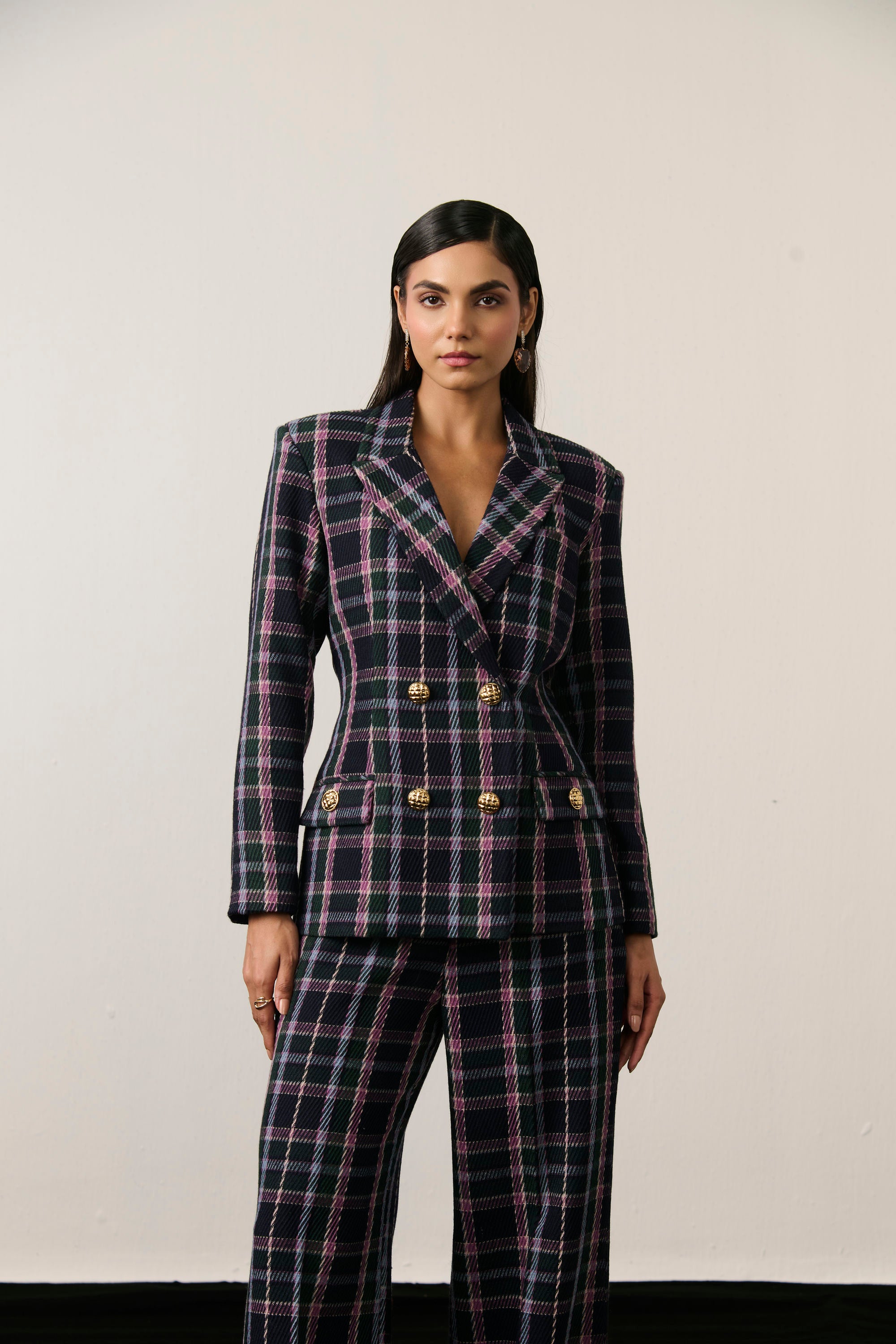 NAVY CHECKERED BLAZER SET