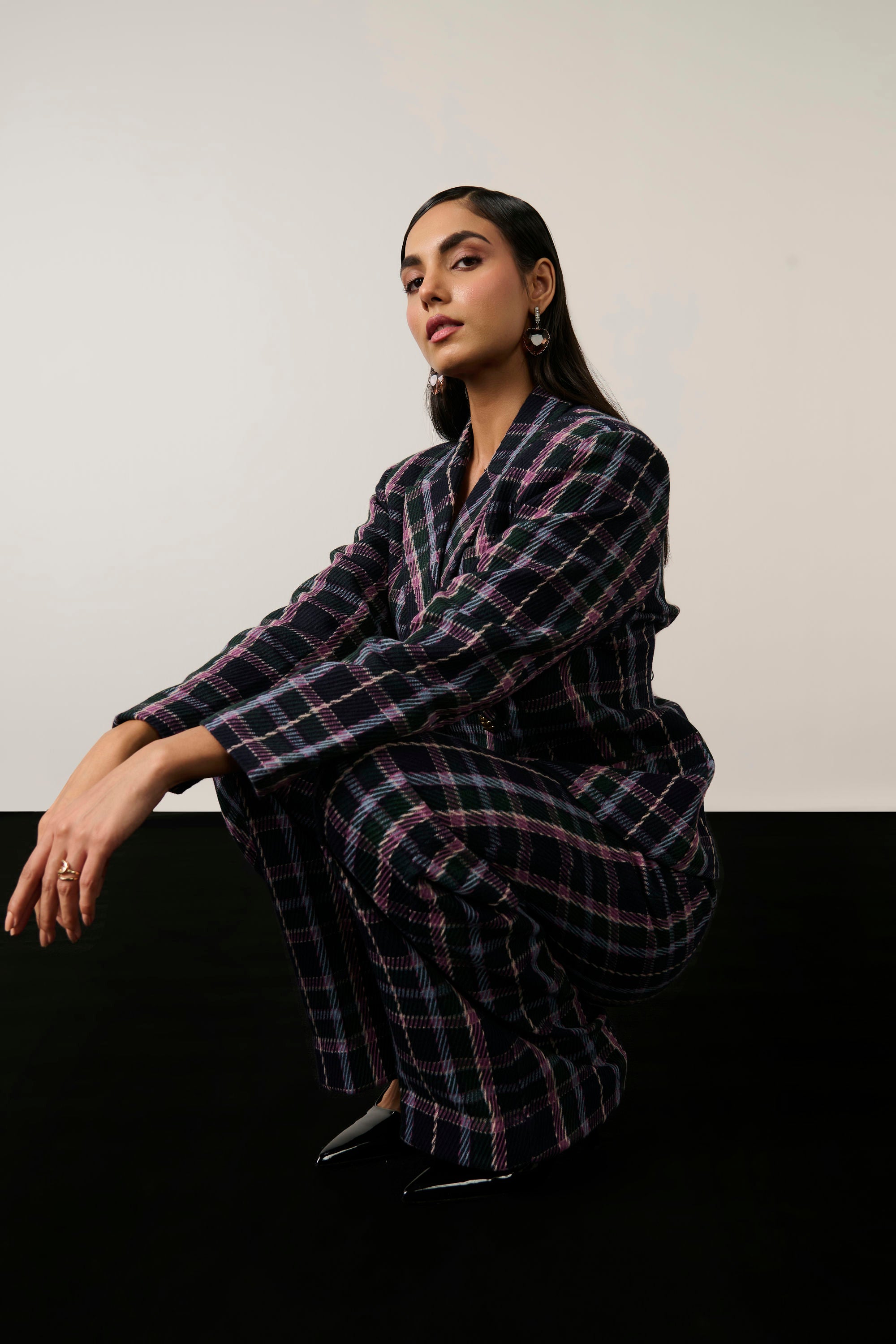 NAVY CHECKERED BLAZER SET