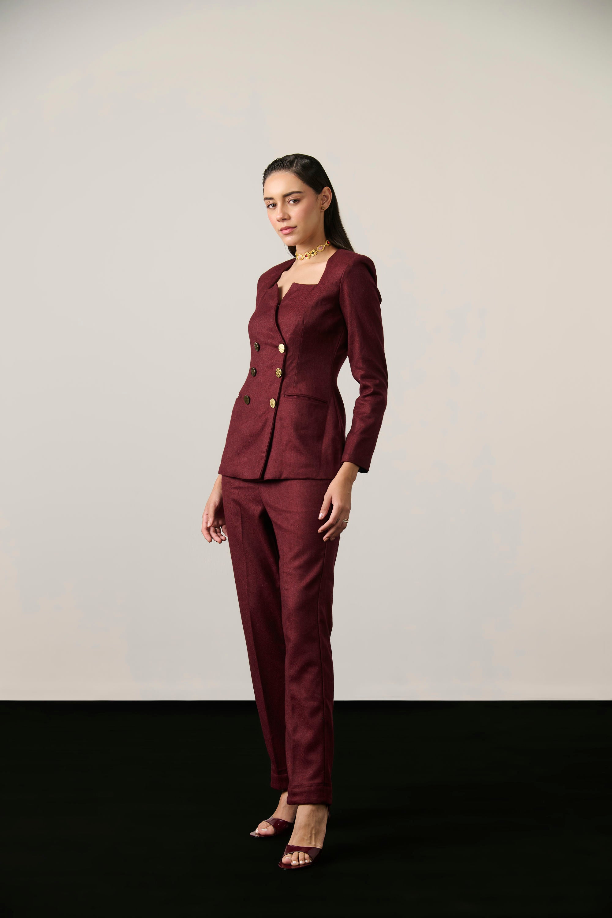 MAROON DOUBLE BREAST BLAZER SET