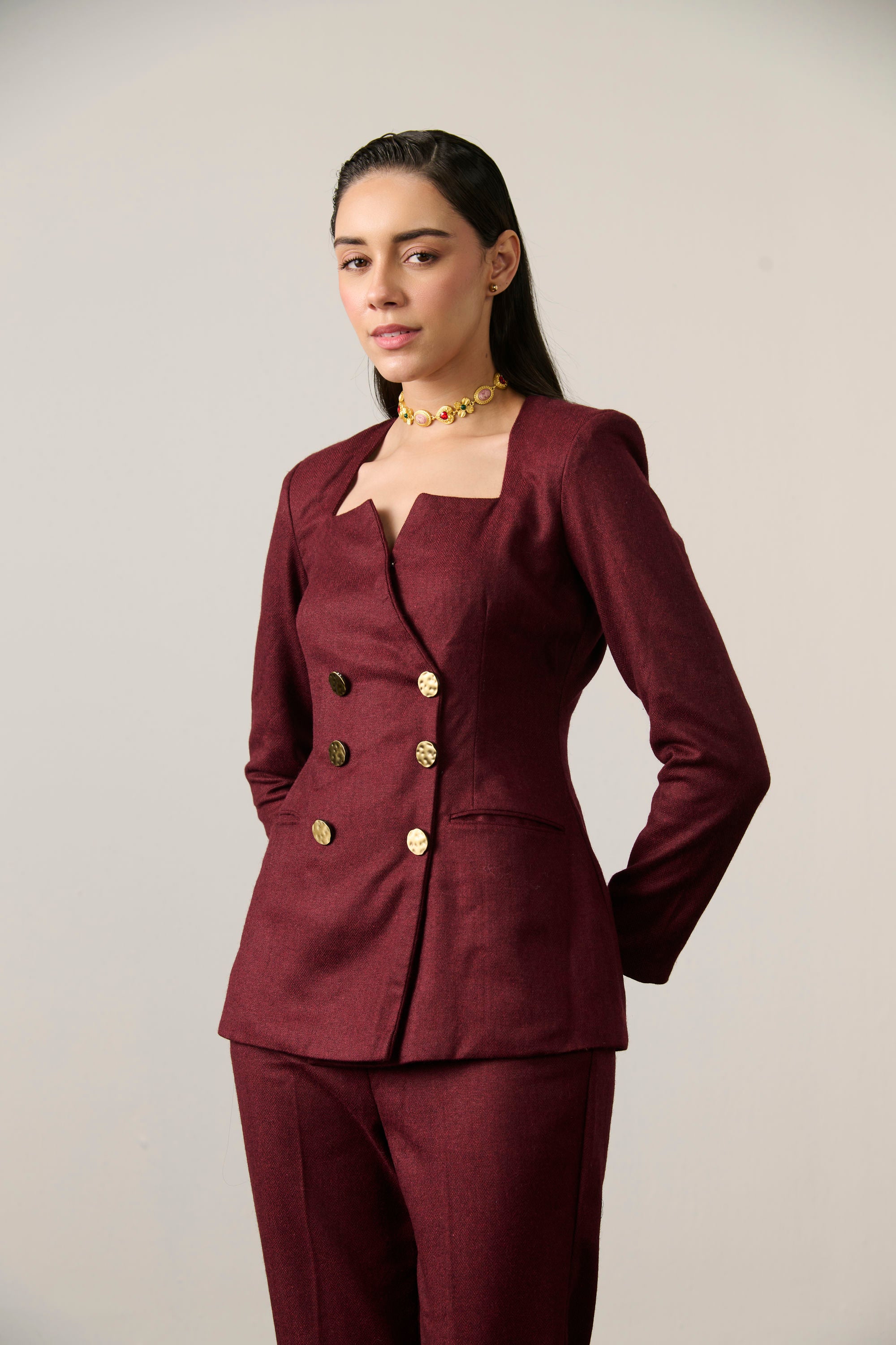 MAROON DOUBLE BREAST BLAZER SET