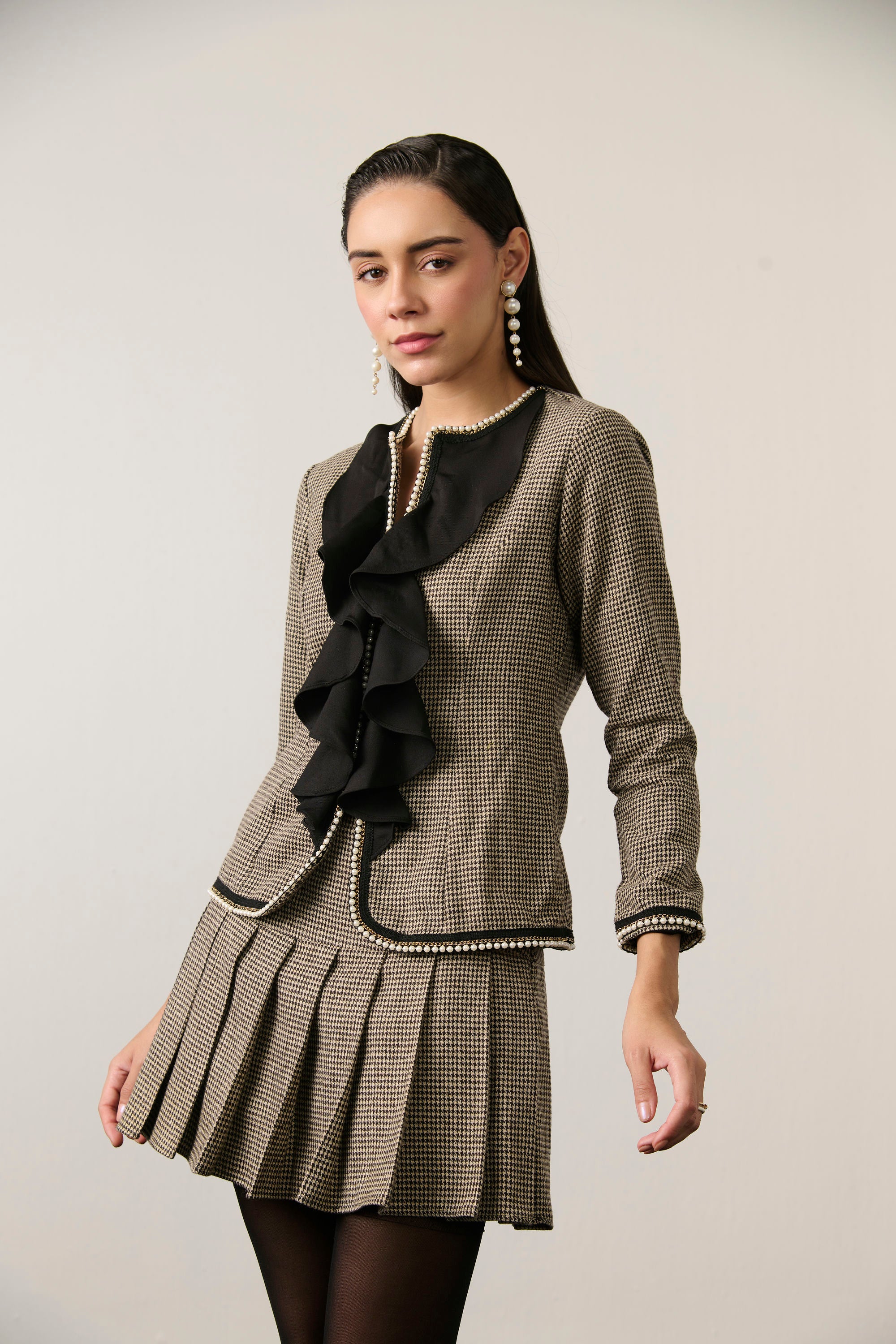 HOUNDSTOOTH RUFFLE JACKET AND SKIRT SET