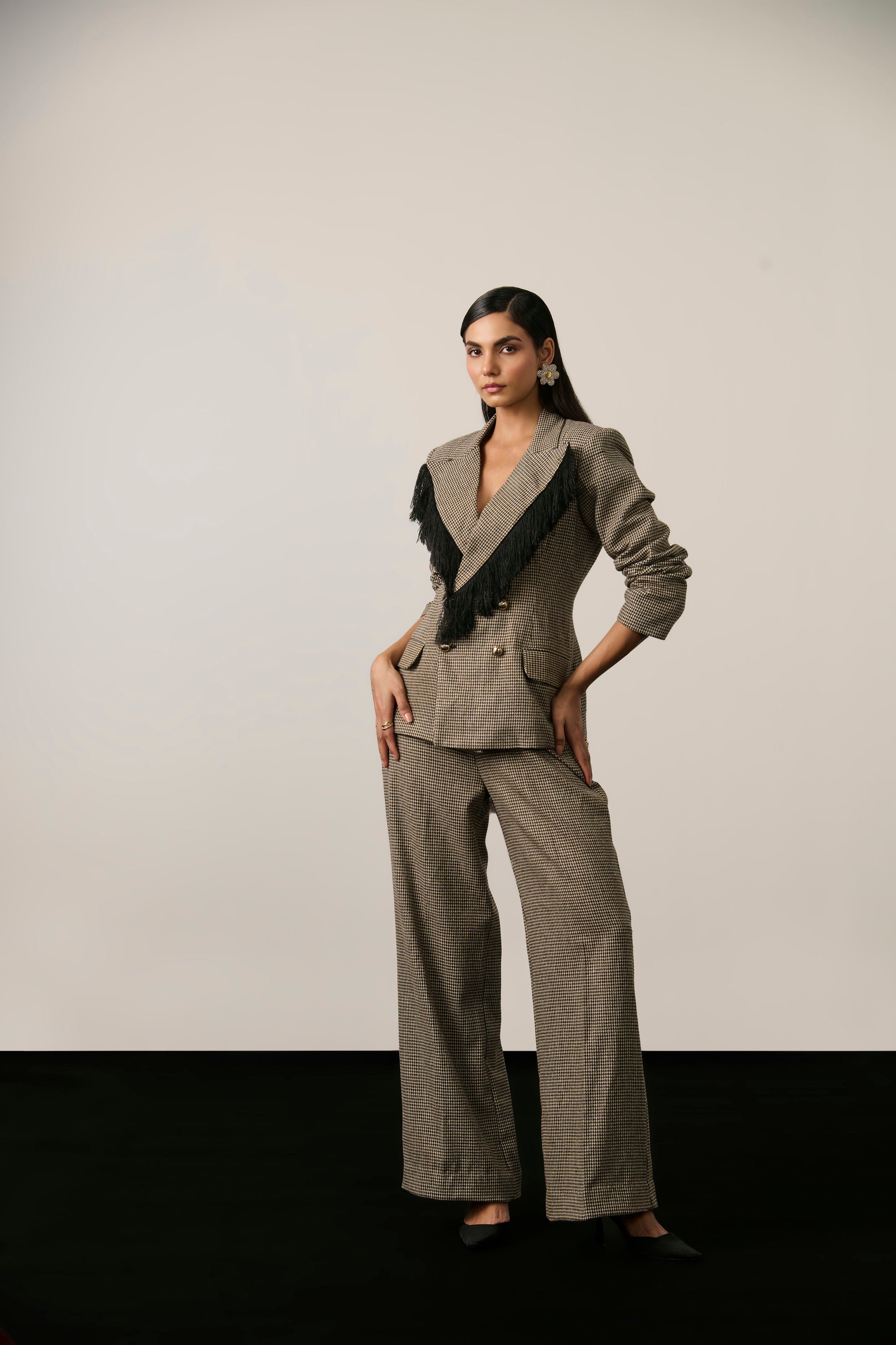 HOUNDSTOOTH FRINGE BLAZER SET