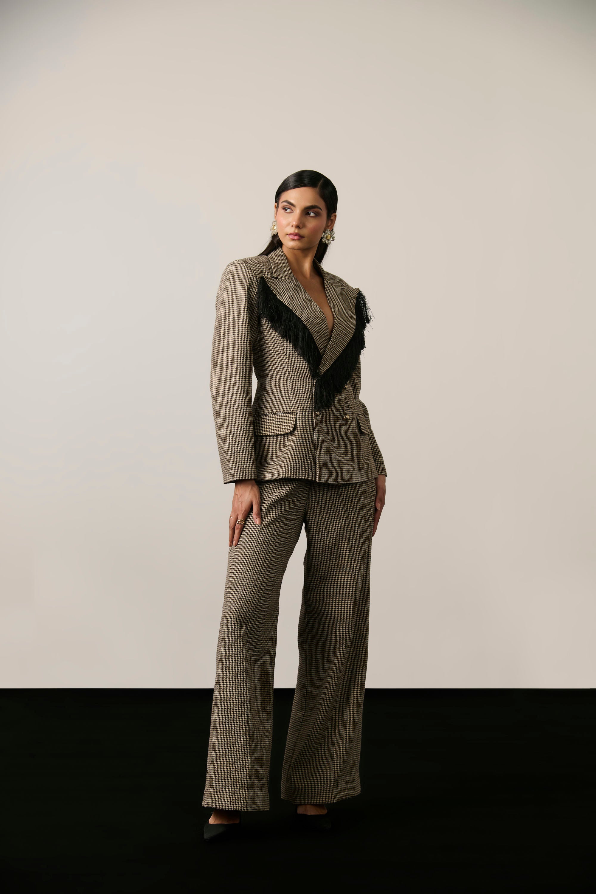 HOUNDSTOOTH FRINGE BLAZER SET