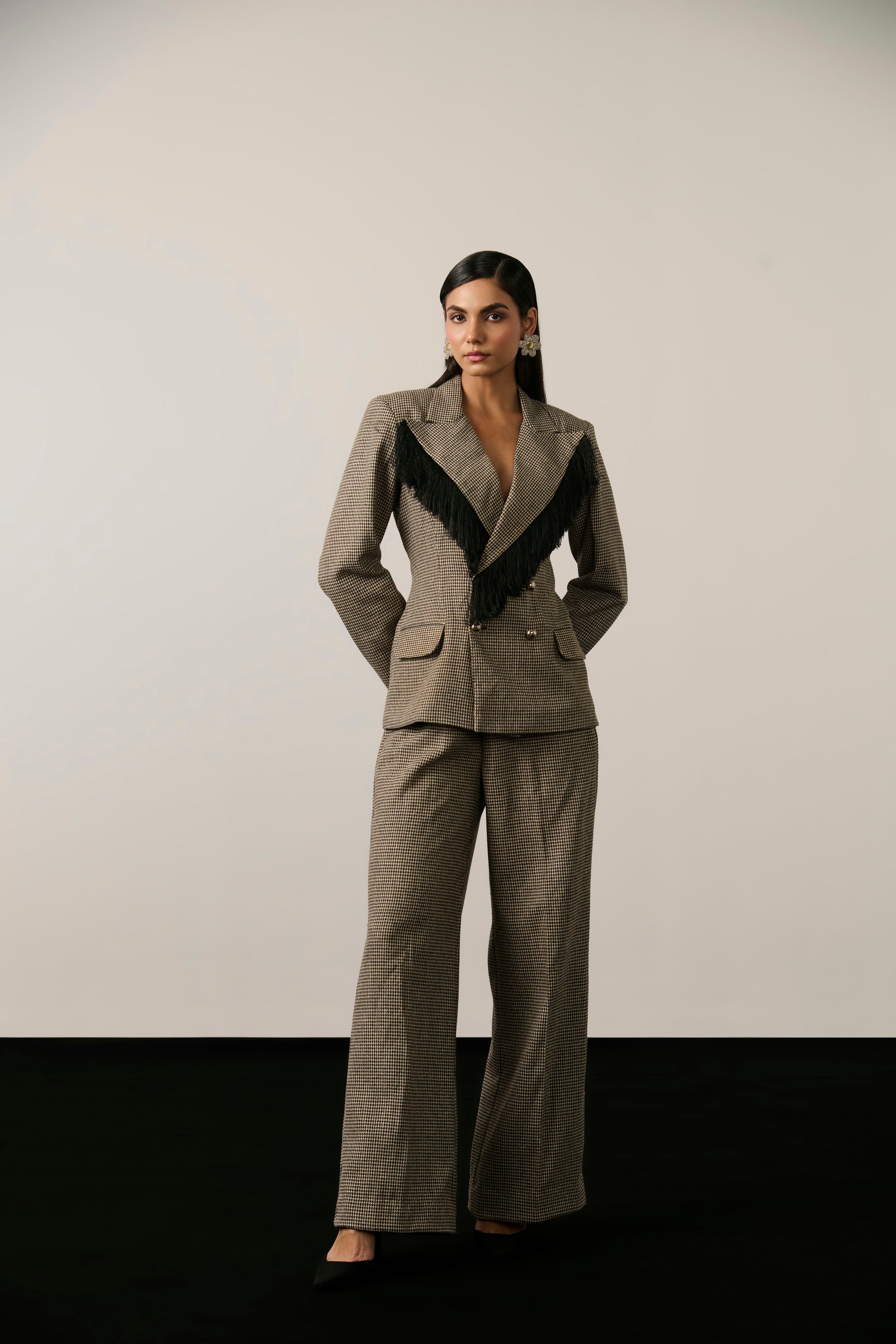 HOUNDSTOOTH FRINGE BLAZER SET
