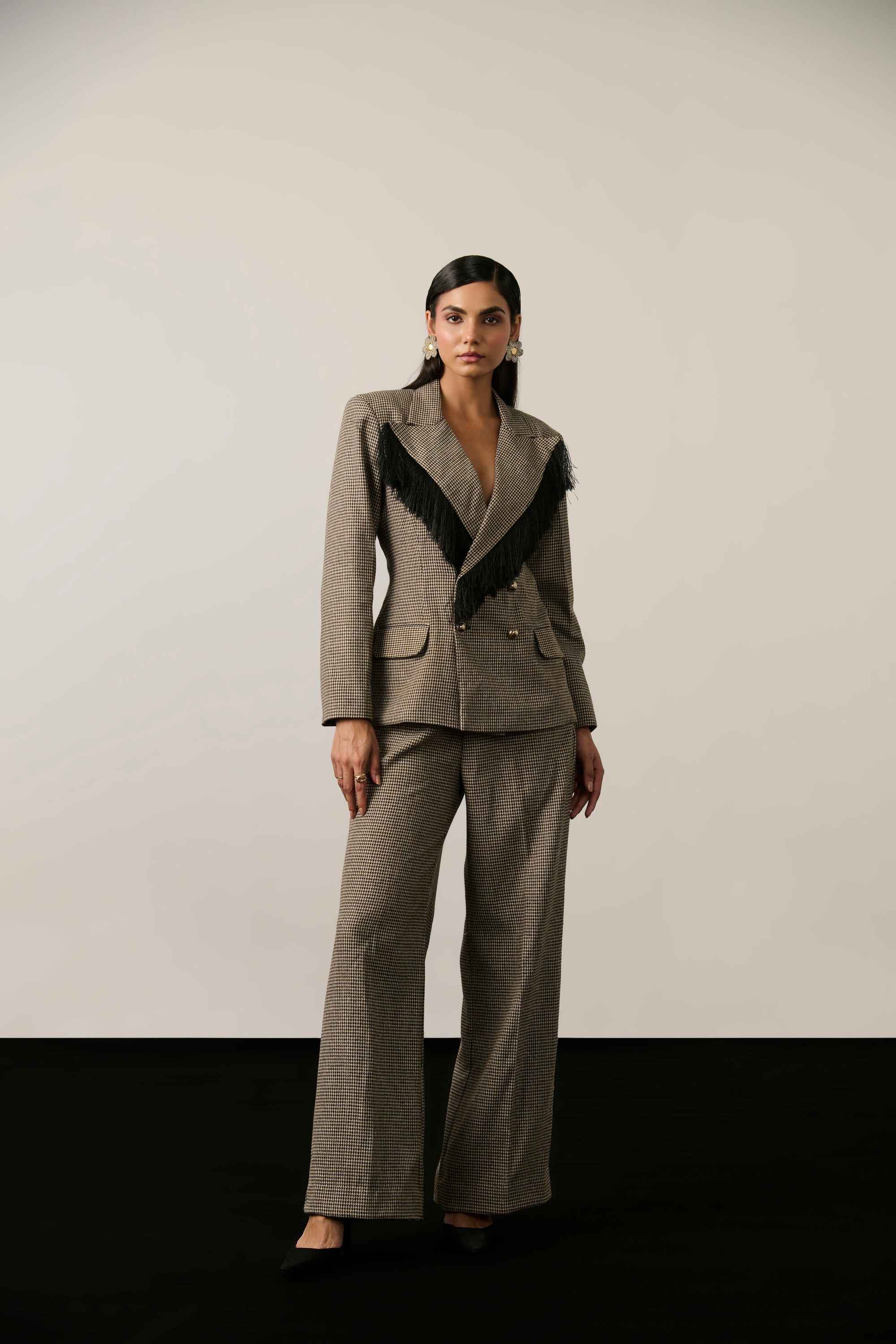 HOUNDSTOOTH FRINGE BLAZER SET