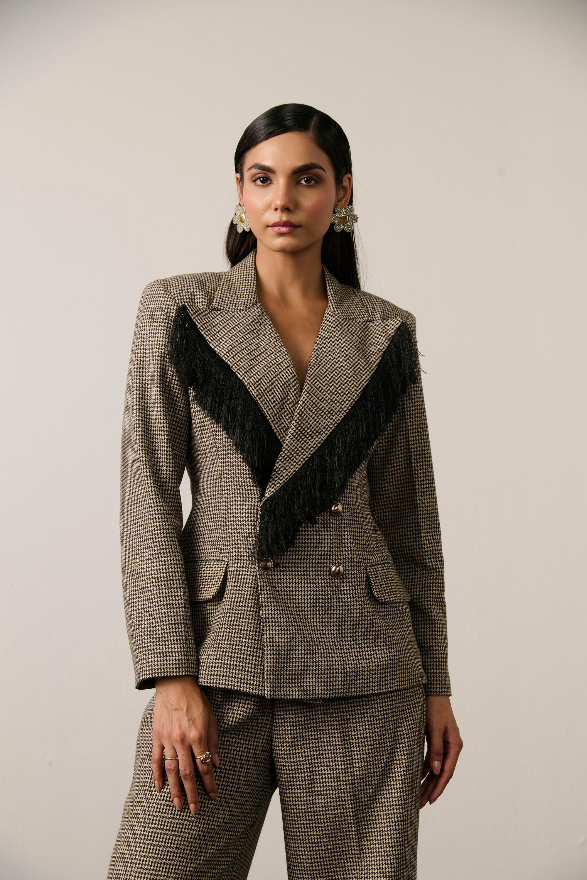 HOUNDSTOOTH FRINGE BLAZER SET