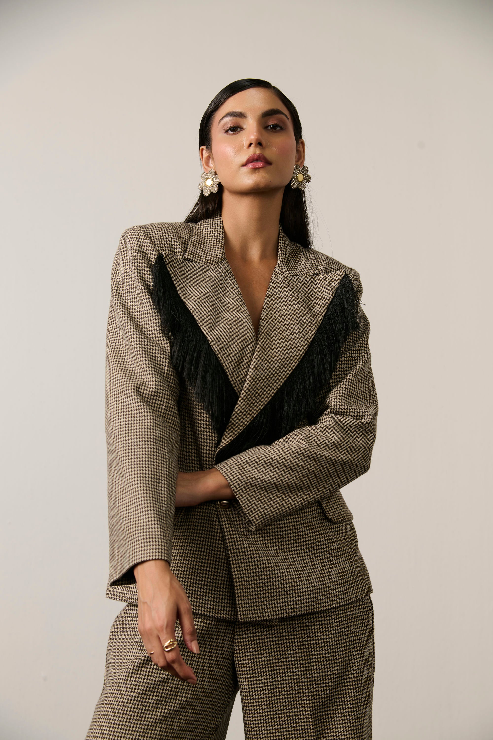 HOUNDSTOOTH FRINGE BLAZER SET