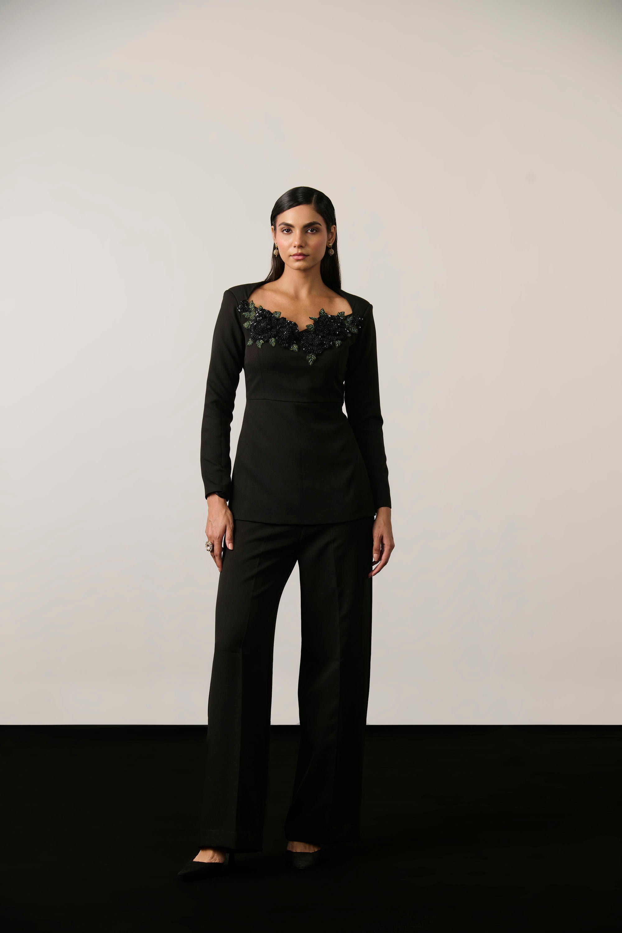 BLACK EMBELLISHED FLOWER  CO-ORD SET