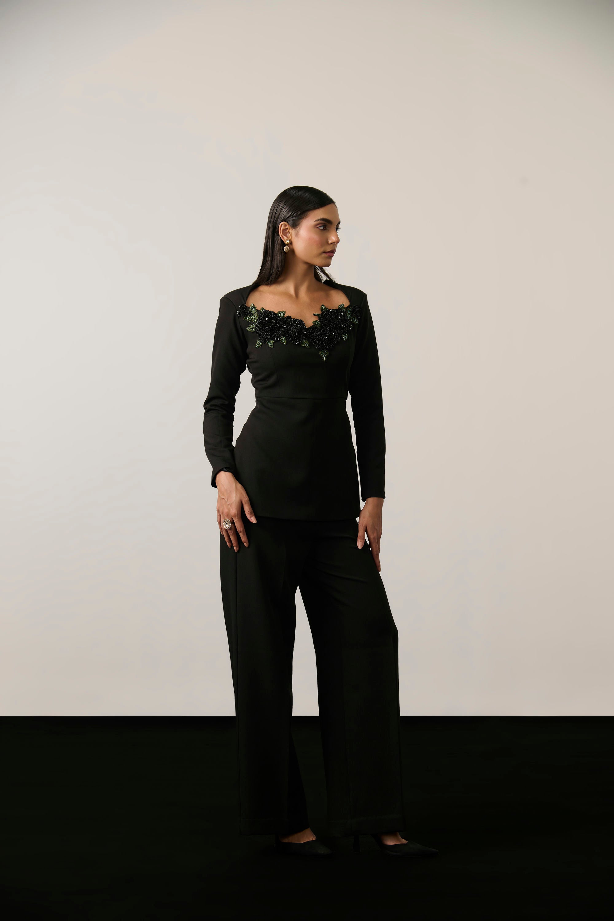 BLACK EMBELLISHED FLOWER  CO-ORD SET