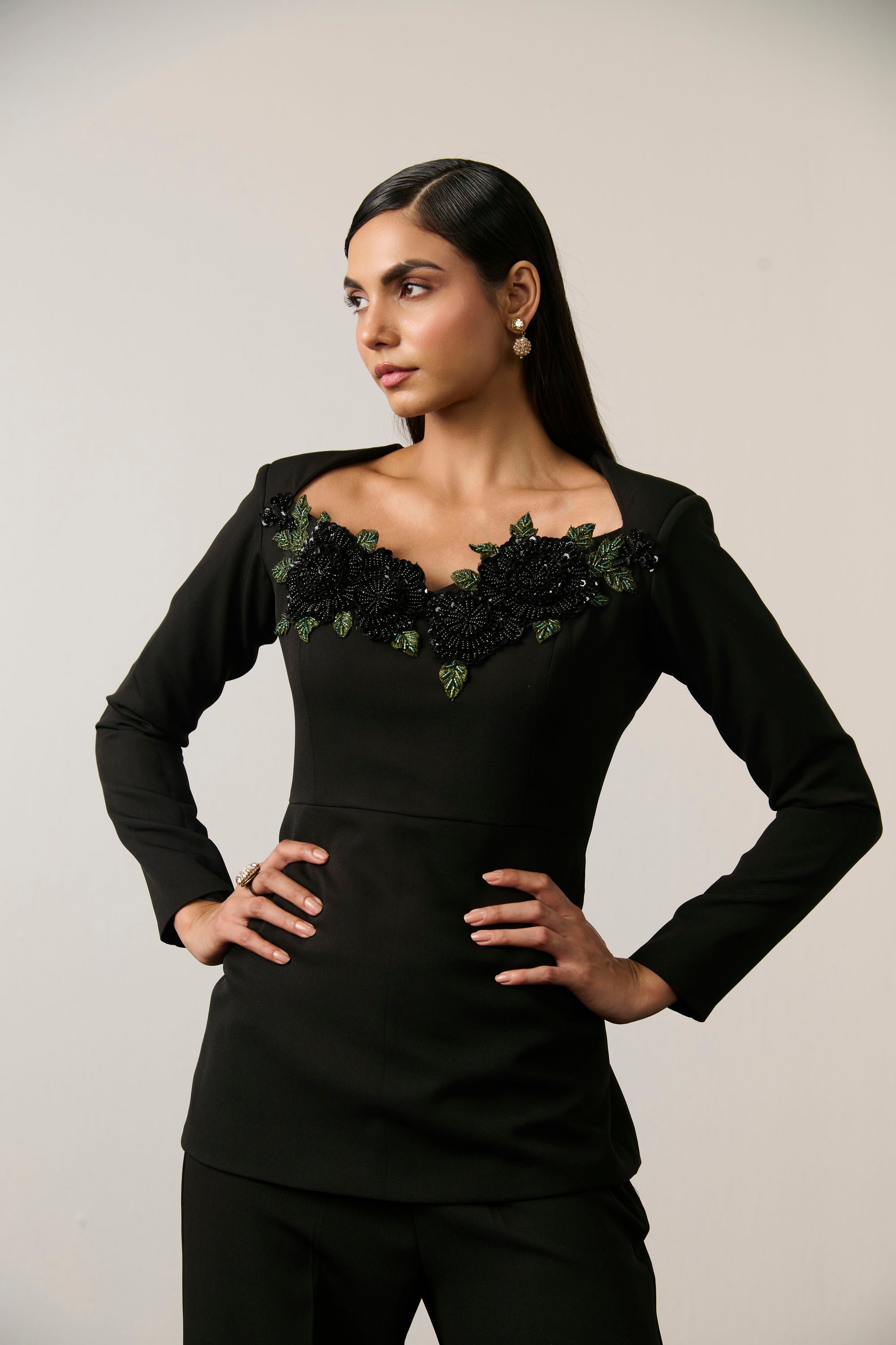 BLACK EMBELLISHED FLOWER  CO-ORD SET