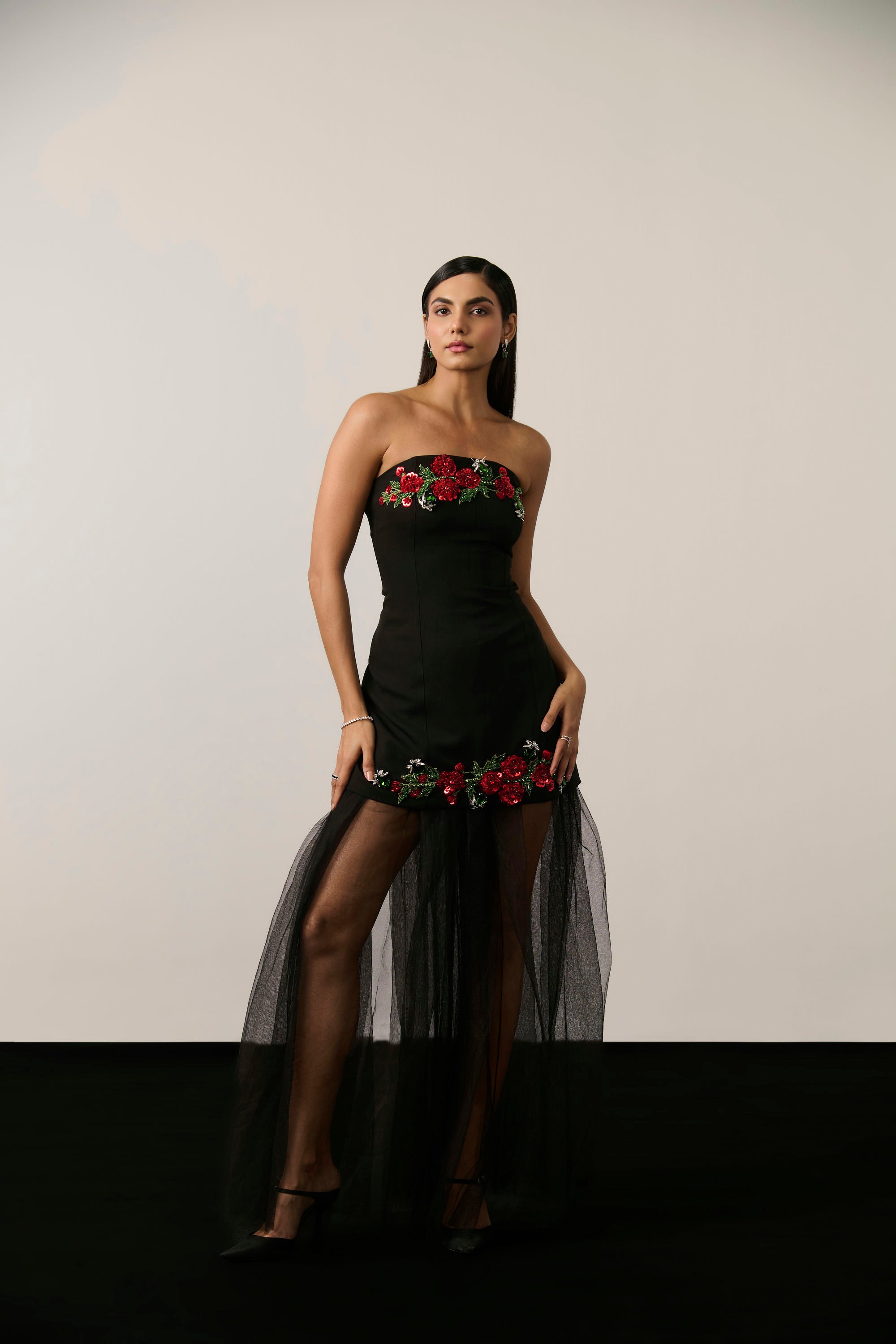 BLACK EMBELLISHED DRESS AND SKIRT SET