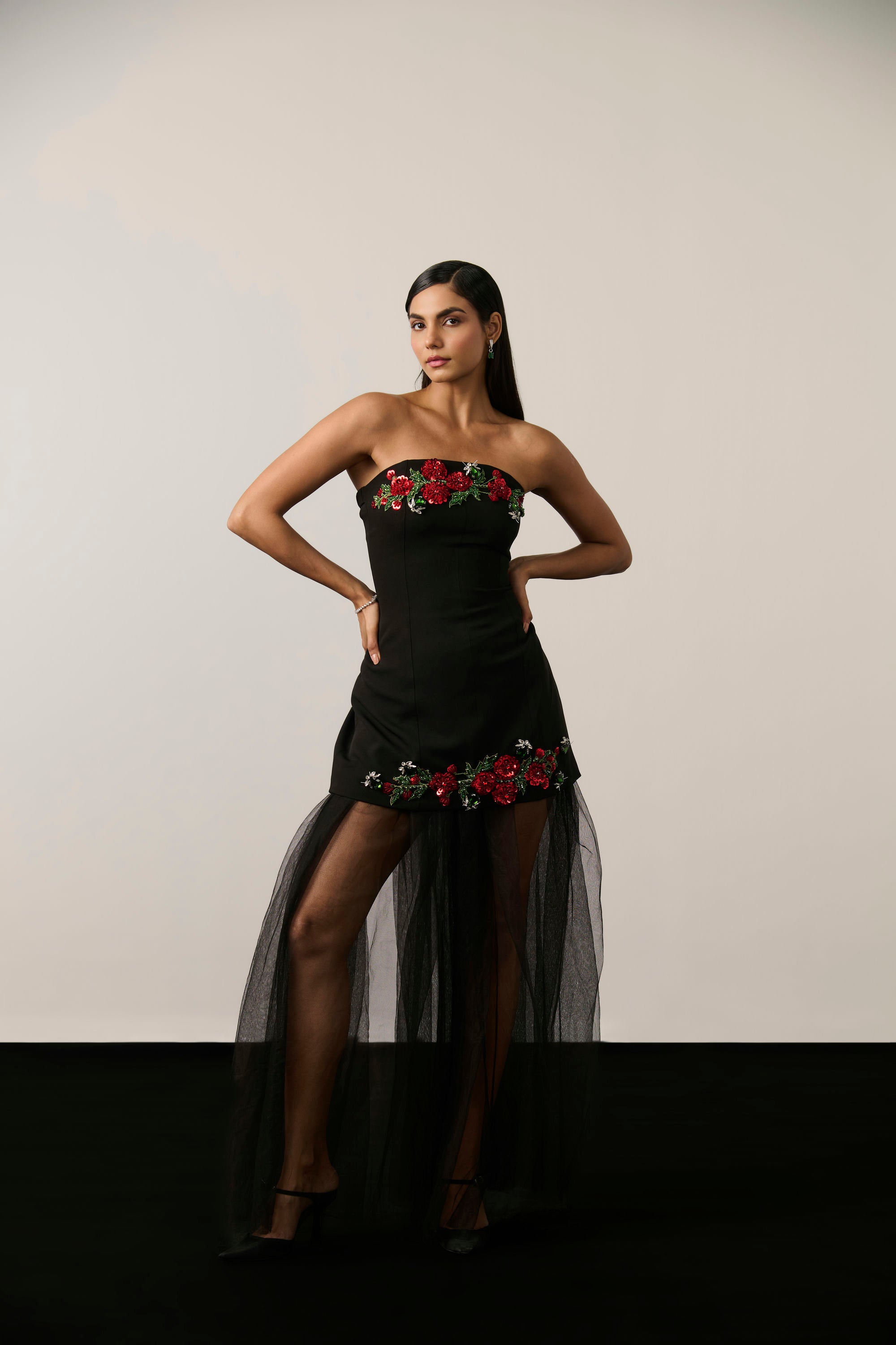 BLACK EMBELLISHED DRESS AND SKIRT SET