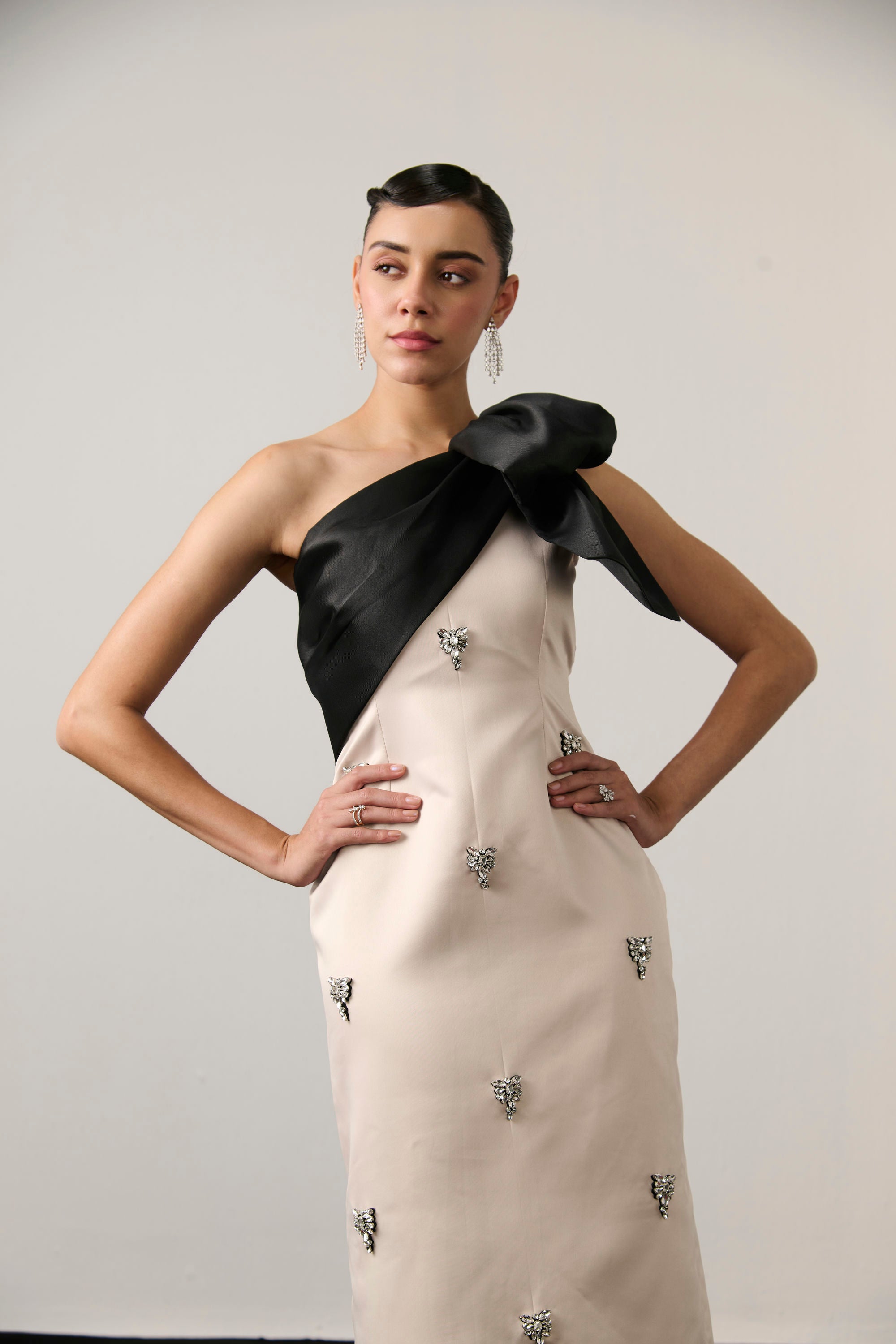 CREAM AND BLACK EMBELLISHED BOW DRESS