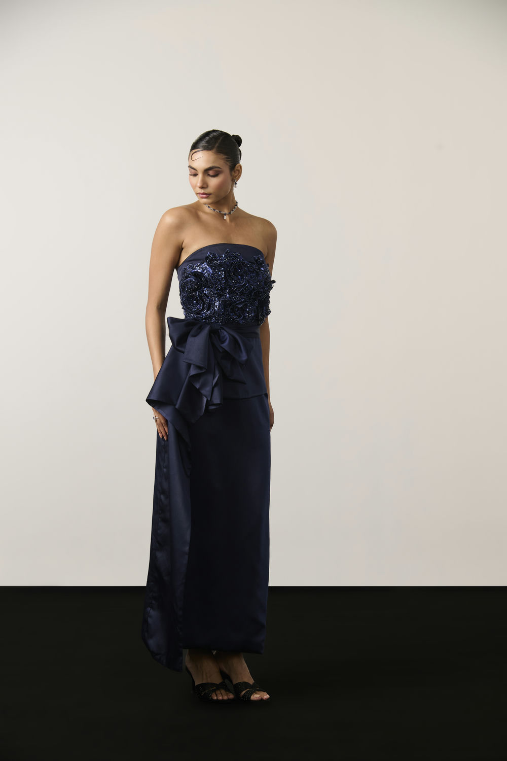 NAVY BLUE EMBELLISHED DRAPE DRESS