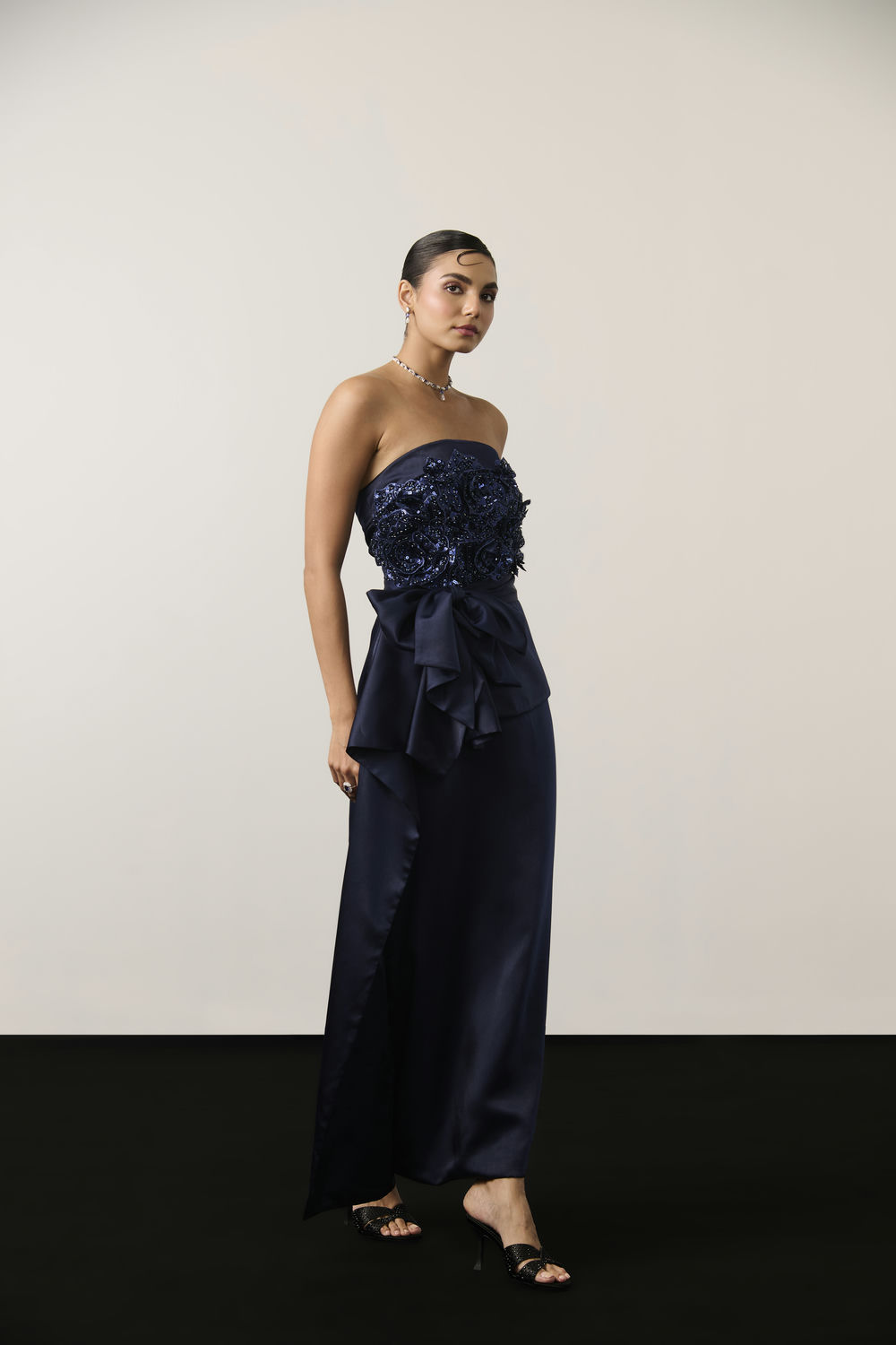 NAVY BLUE EMBELLISHED DRAPE DRESS
