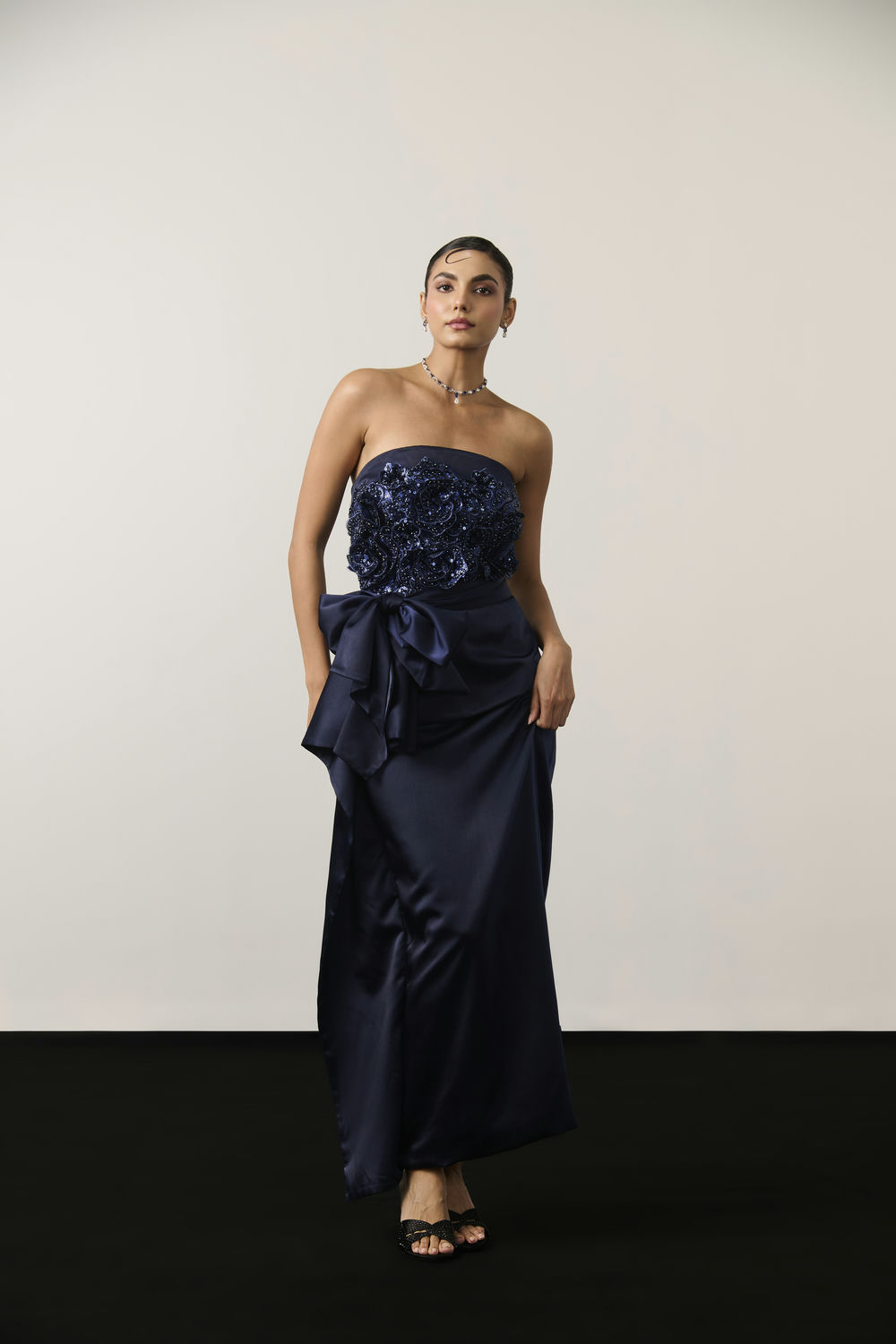 NAVY BLUE EMBELLISHED DRAPE DRESS