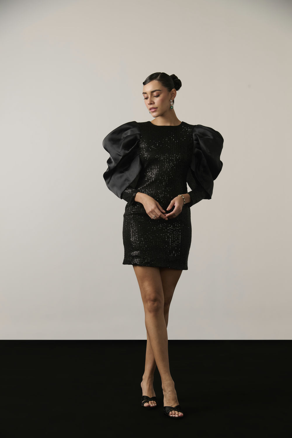 BLACK SEQUIN ORGANZA SLEEVE DRESS