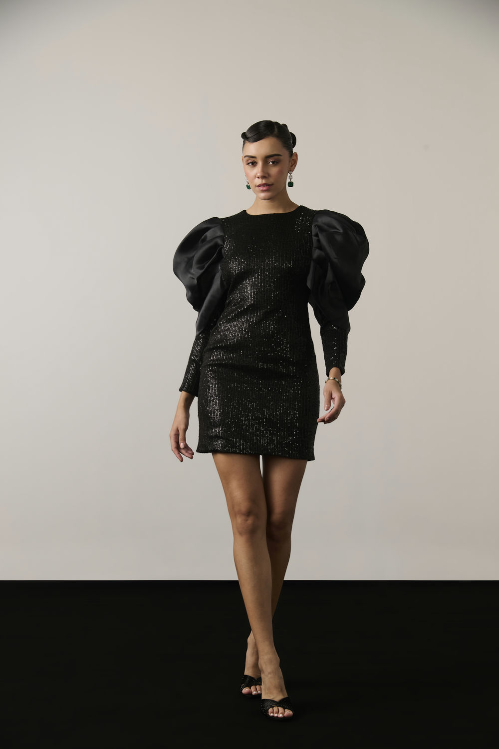 BLACK SEQUIN ORGANZA SLEEVE DRESS