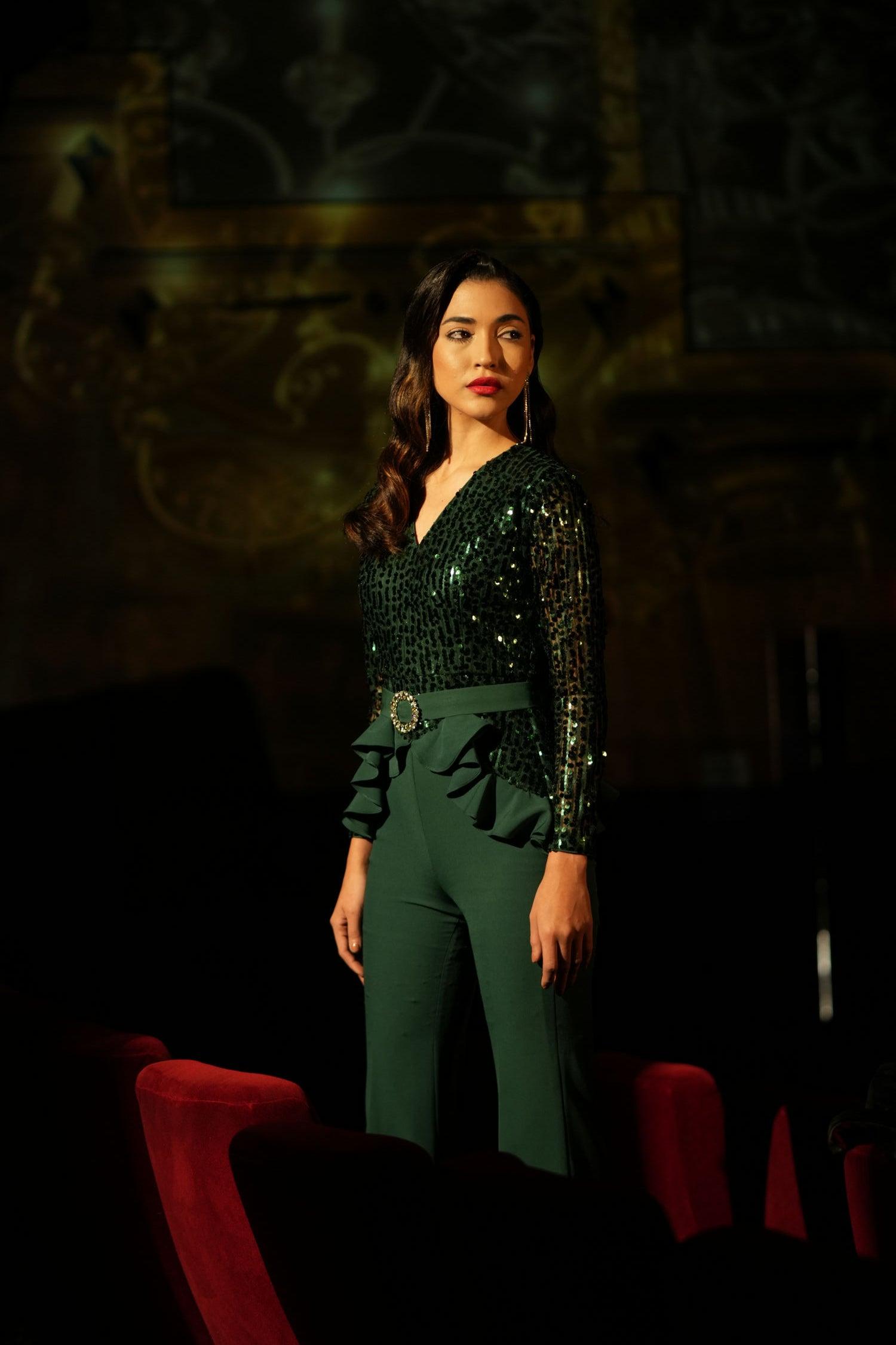 EMERALD SEQUIN RUFFLE JUMPSUIT - LabelIris