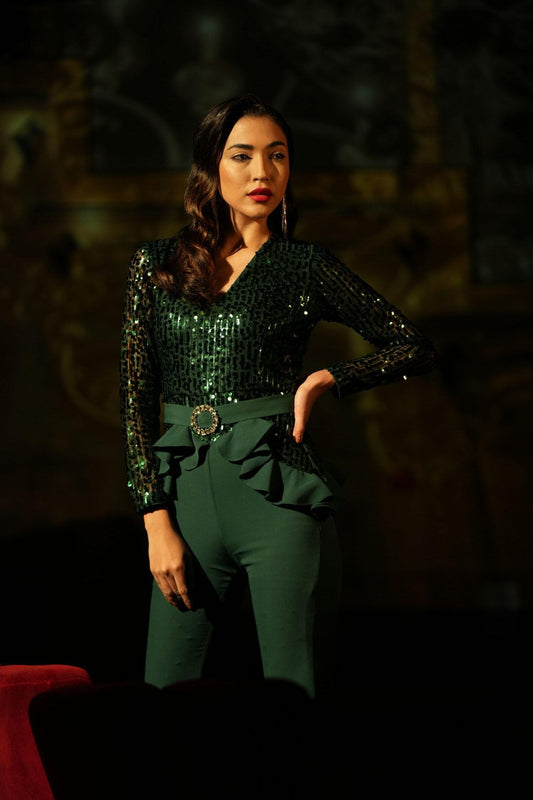 EMERALD SEQUIN RUFFLE JUMPSUIT - LabelIris