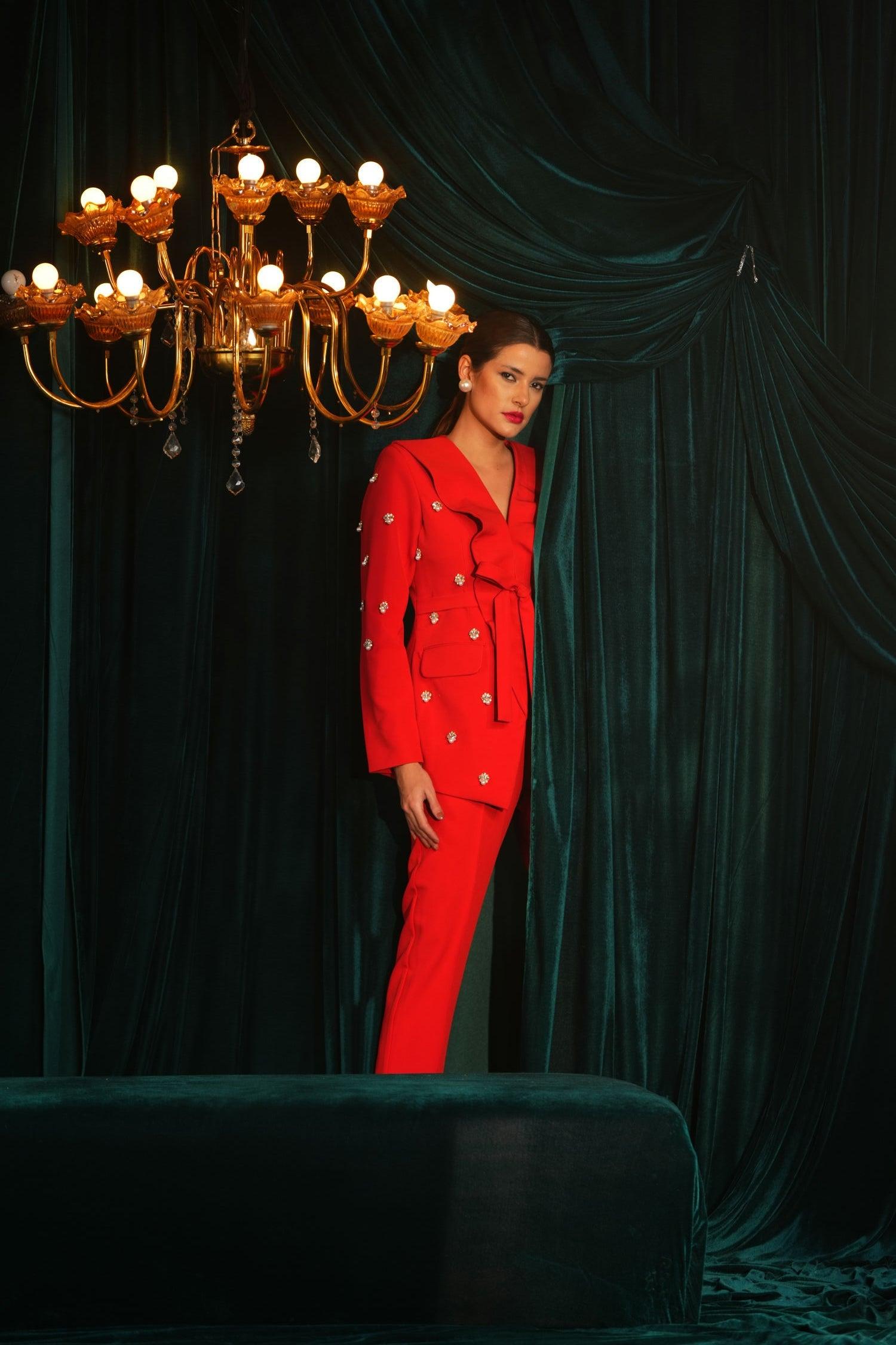 RED RUFFLE EMBELLISHED SUIT - LabelIris