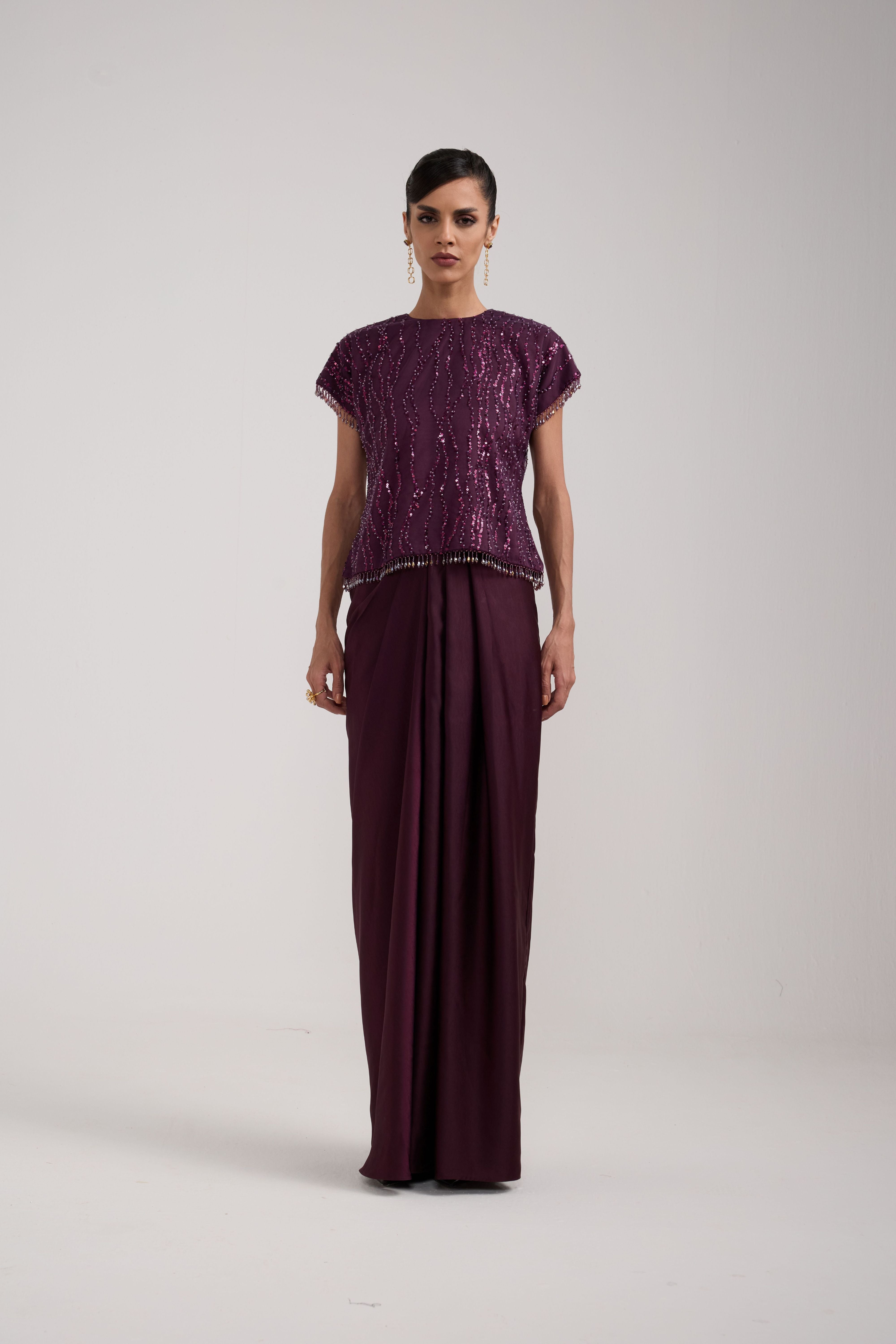 WINE SEQUIN DRAPED SKIRT SET