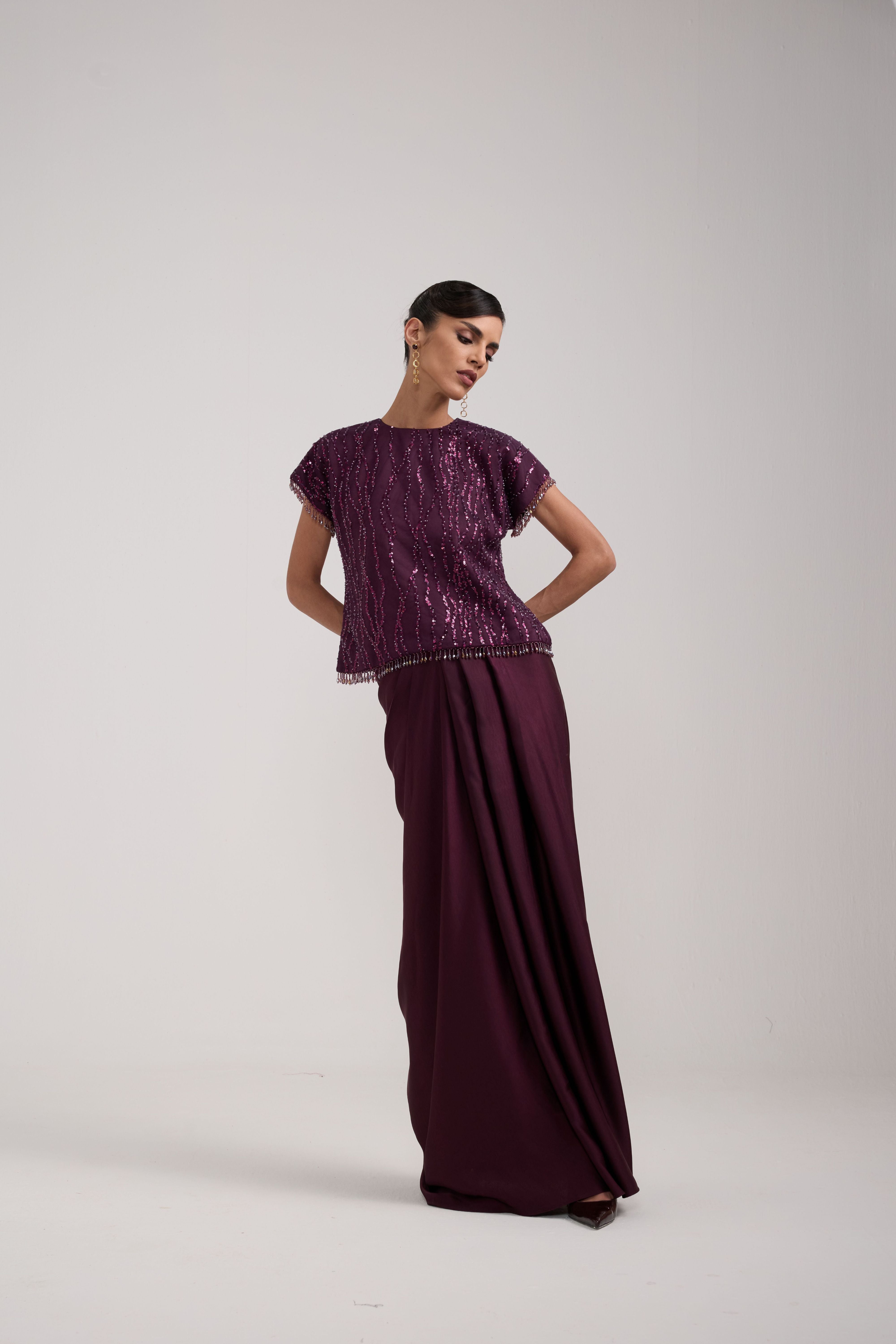 WINE SEQUIN DRAPED SKIRT SET