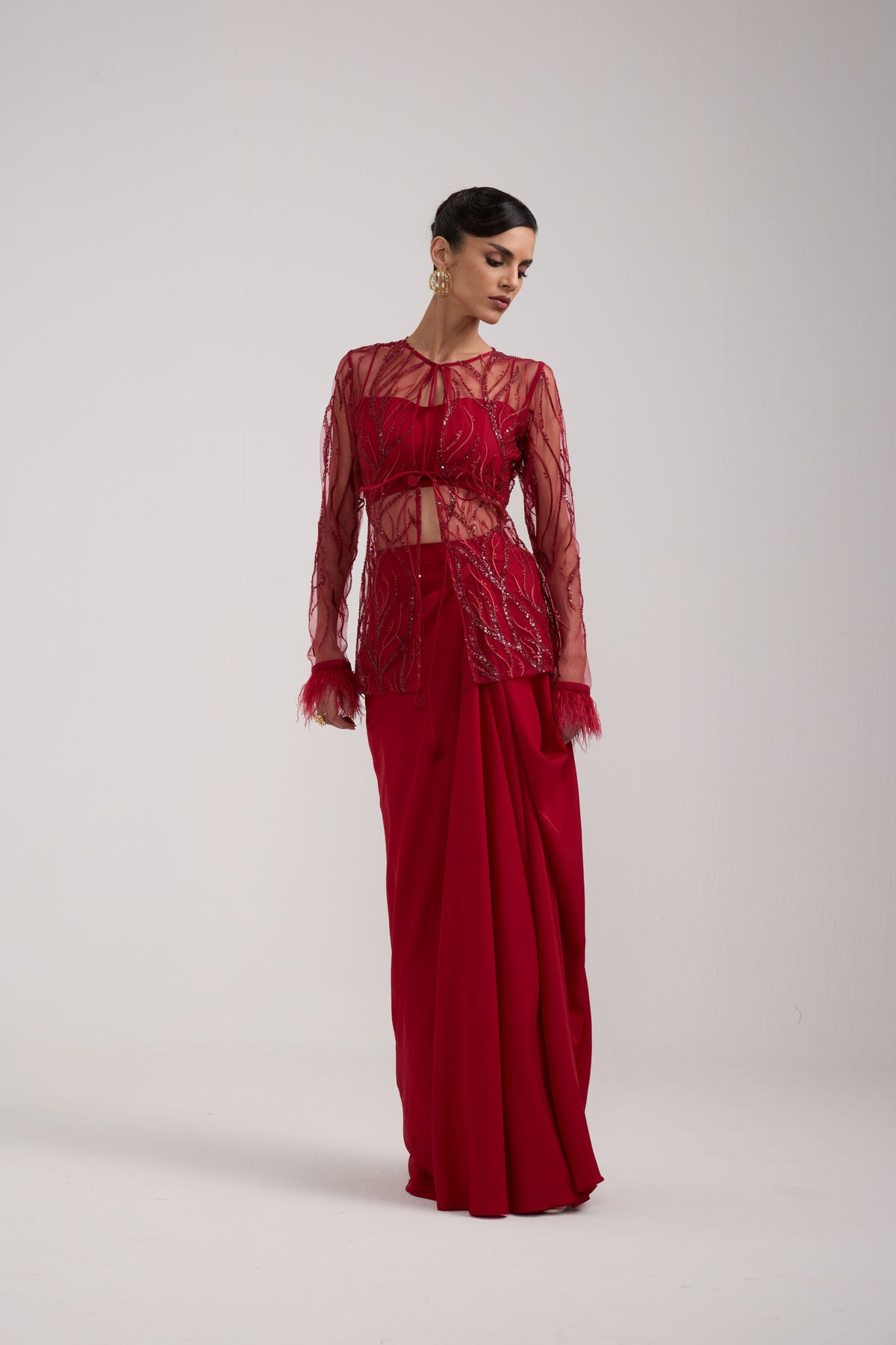 MAROON DRAPED SKIRT SET