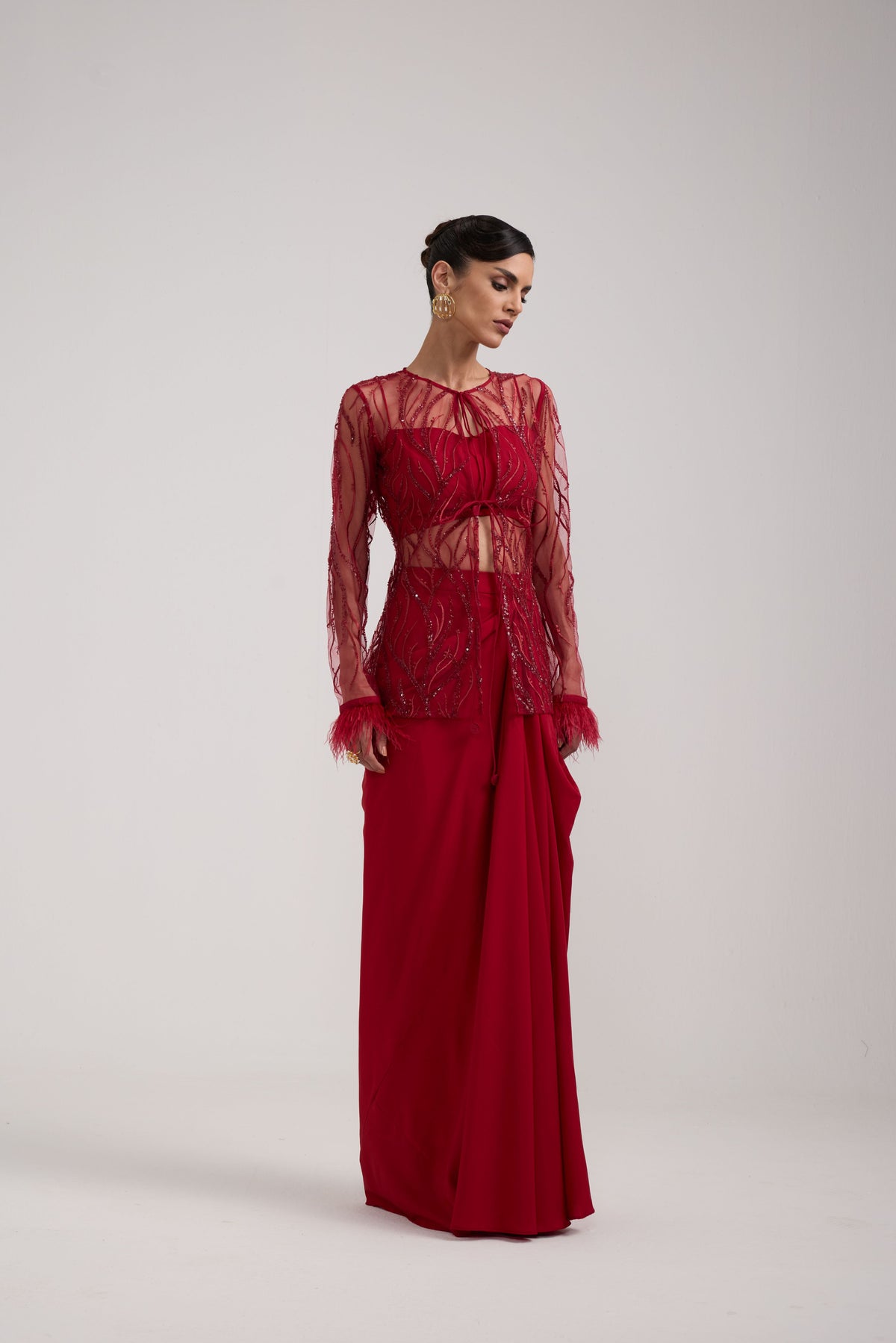 MAROON DRAPED SKIRT SET