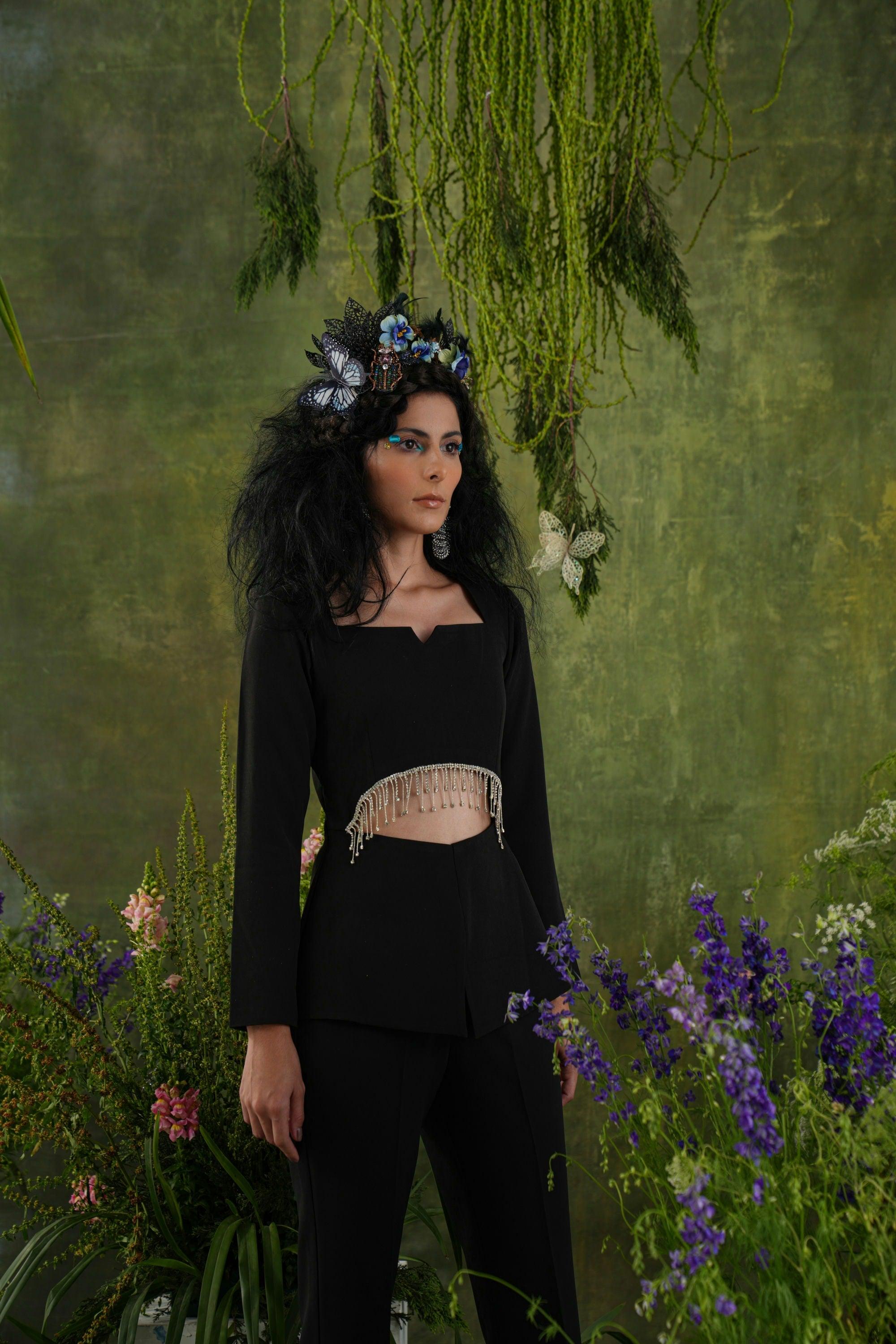 MASOOM MINAWALA IN BLACK  EMBELLISHED CUT-OUT CO-ORD SET
