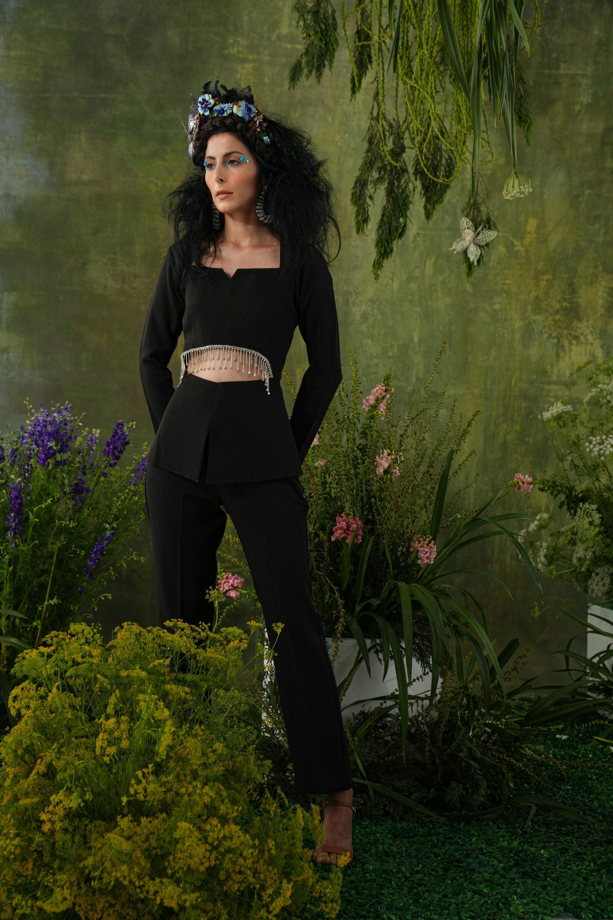 MASOOM MINAWALA IN BLACK  EMBELLISHED CUT-OUT CO-ORD SET